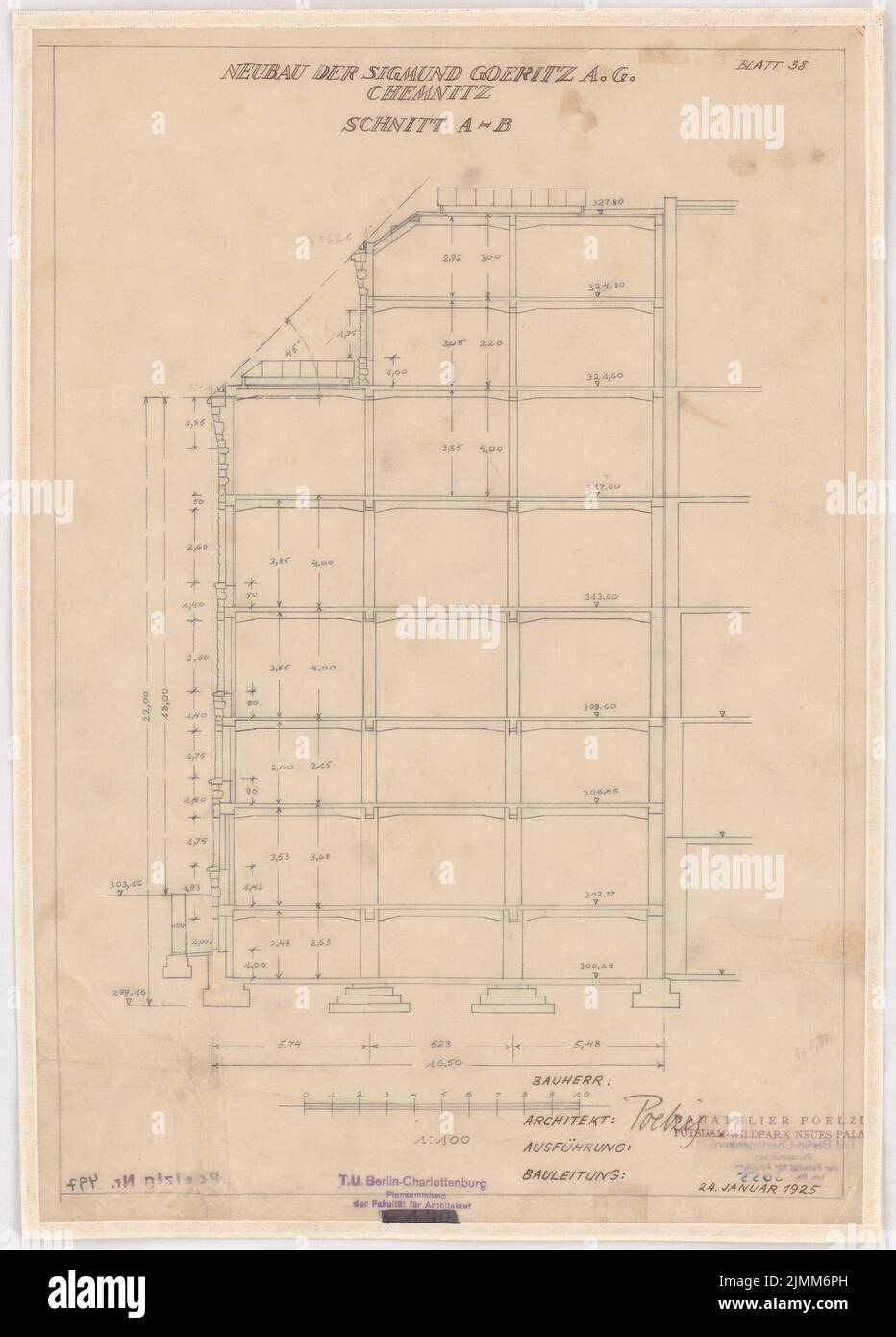 Poelzig Hans (1869-1936), Sigmund Goeritz AG, Chemnitz (24.01.1925) : projet de 24 janvier 1925, Cut A-B 1 : 100. Crayon sur transparent, 45,3 x 32,5 cm (y compris les bords de numérisation) Banque D'Images