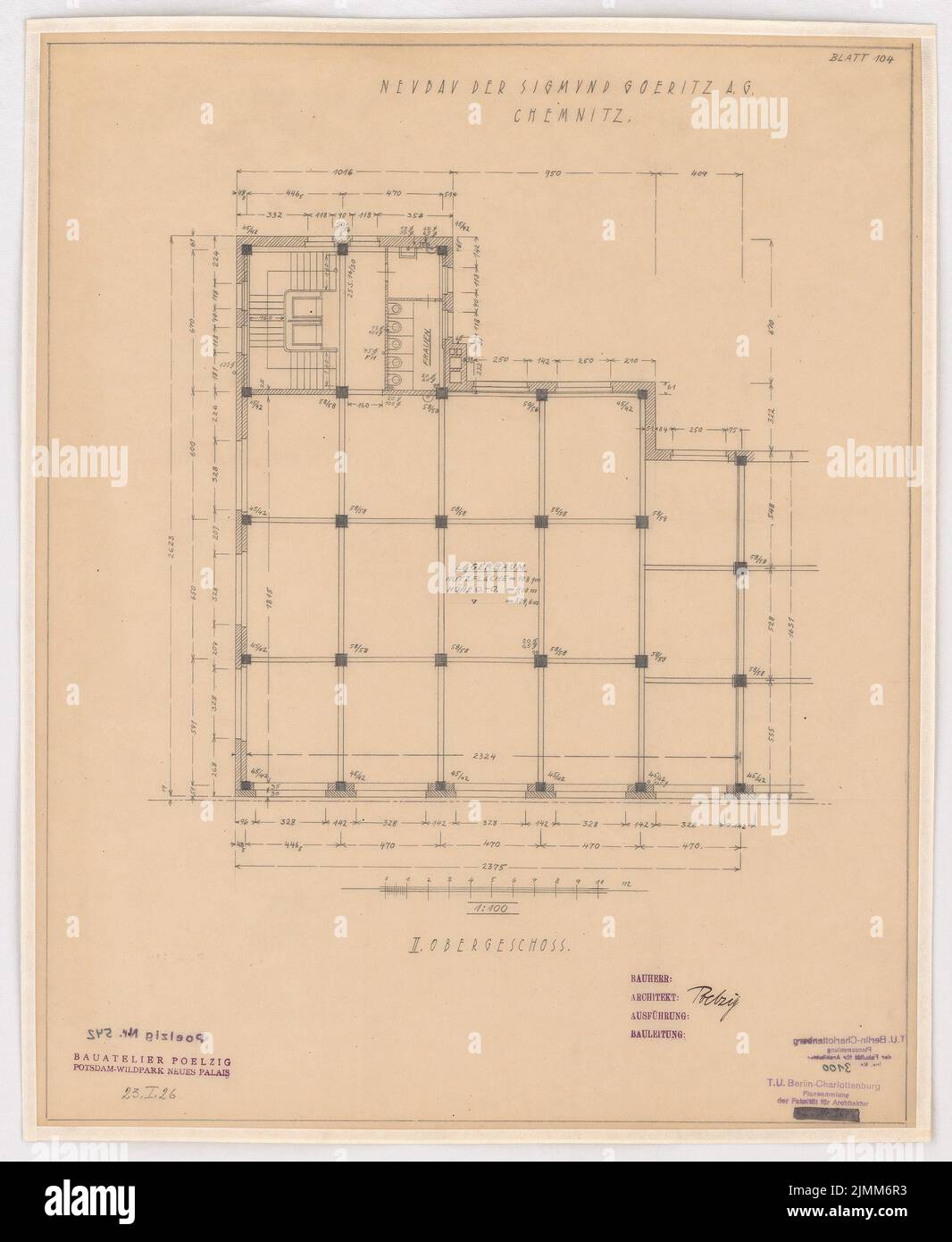 Poelzig Hans (1869-1936), Sigmund Goeritz AG, Chemnitz (23 janvier 1926) : projet du 23,1.1926, plan d'étage 2nd OG 1 : 100. Crayon sur transparent, 54,3 x 44,6 cm (y compris les bords de numérisation) Banque D'Images