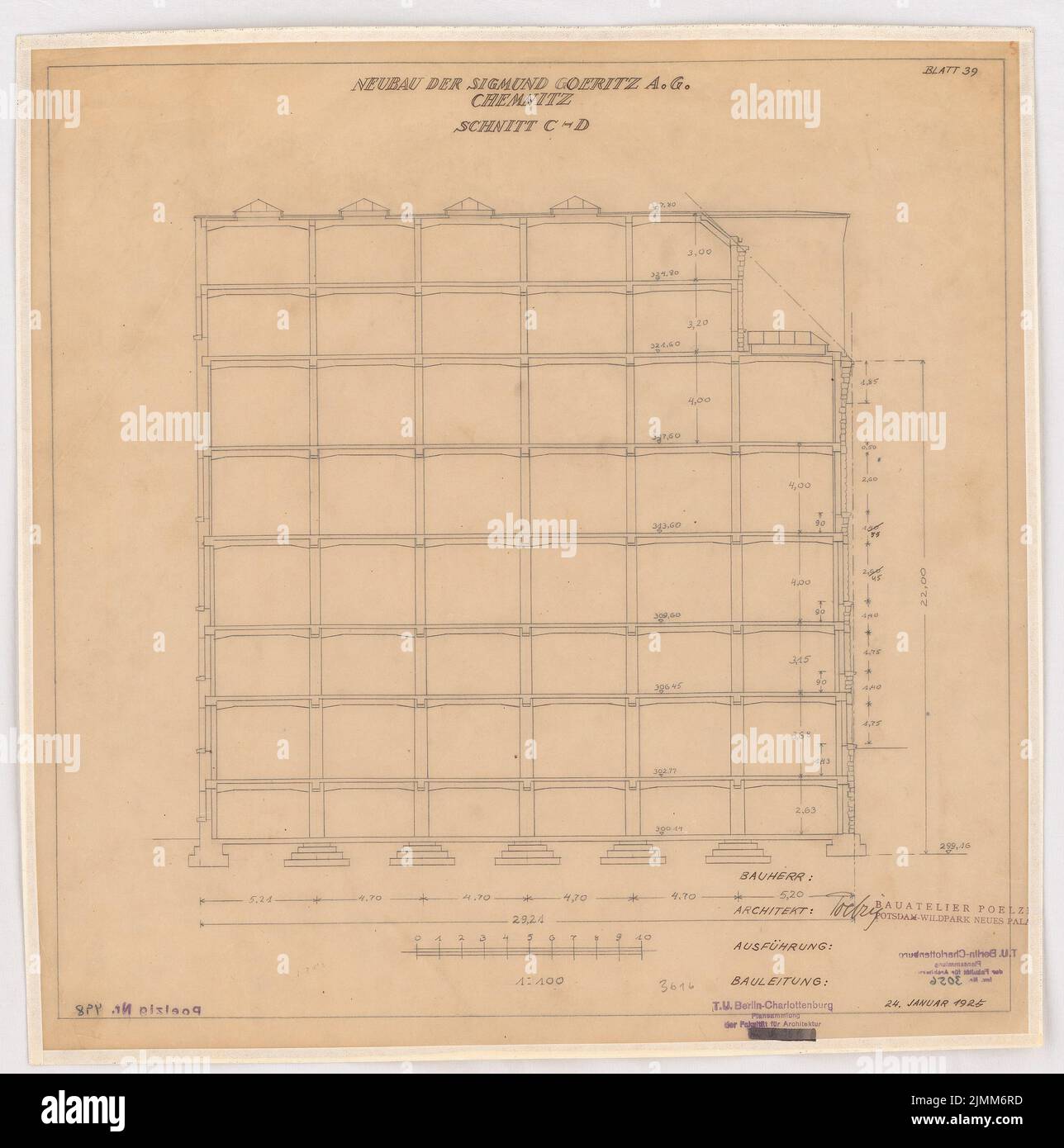 Poelzig Hans (1869-1936), Sigmund Goeritz AG, Chemnitz (24.01.1925) : projet du 24,1.1925, coupe C-D 1 : 100. Crayon sur transparent, 47,7 x 47,3 cm (y compris les bords de numérisation) Banque D'Images