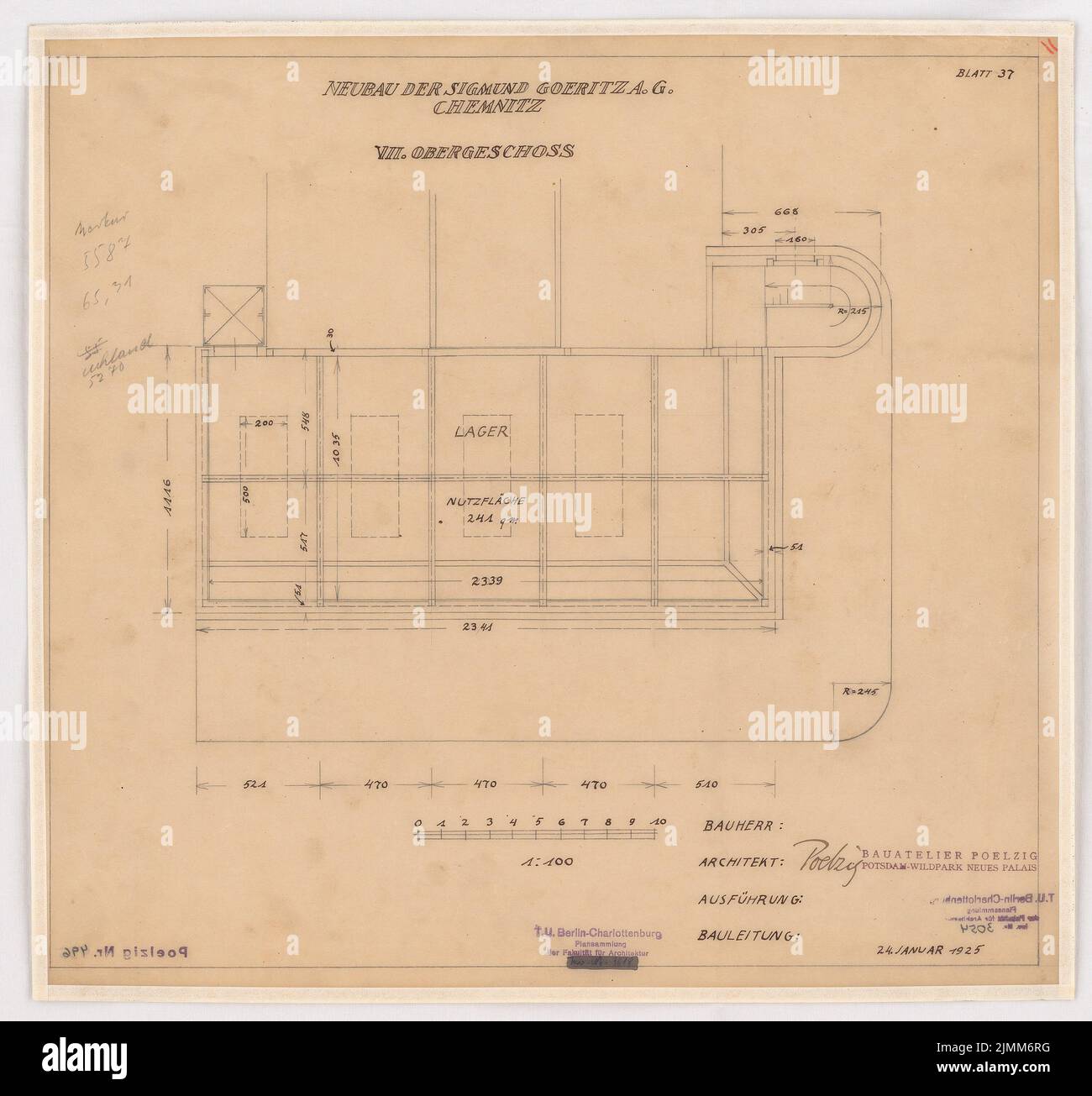 Poelzig Hans (1869-1936), Sigmund Goeritz AG, Chemnitz (24.01.1925) : projet du 24,1.1925, plan d'étage 7 : 100. Crayon sur transparent, 42,9 x 45,9 cm (y compris les bords de numérisation) Banque D'Images