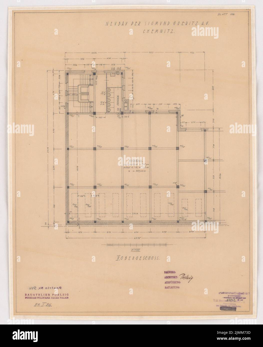 Poelzig Hans (1869-1936), usine Sigmund Goeritz AG, Chemnitz (23 janvier 1926) : projet de 23 janvier 1926, plan d'étage 4 : 100. Crayon sur transparent, 55 x 44,6 cm (y compris les bords de numérisation) Banque D'Images