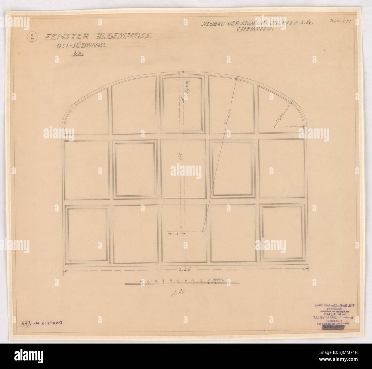 Poelzig Hans (1869-1936), Sigmund Goeritz AG, Chemnitz (1924-1926): Fenêtre 3rd OG Ost-Südwand, vue 1:10. Crayon sur transparent, 45,9 x 49,7 cm (y compris les bords de numérisation) Banque D'Images