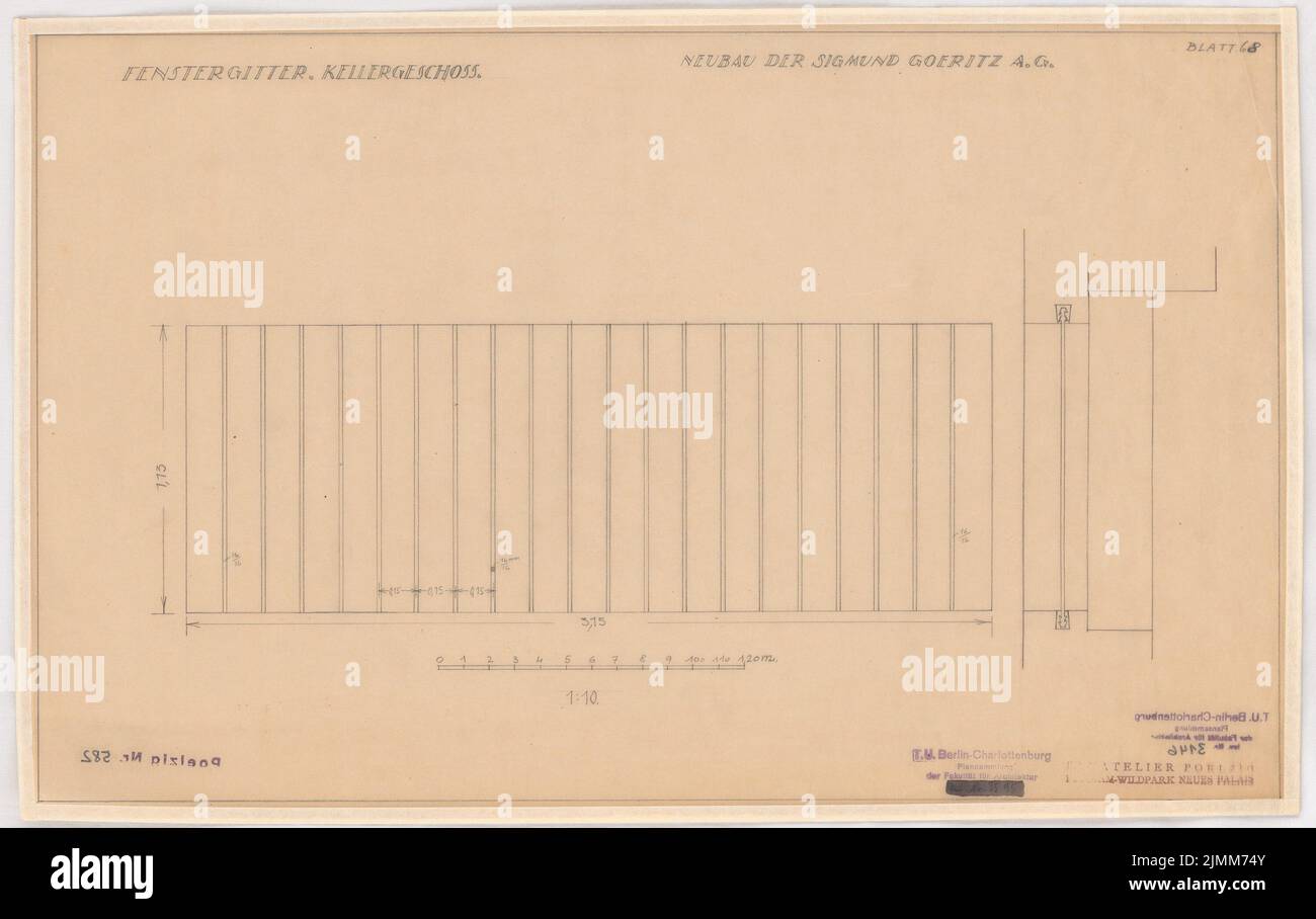 Poelzig Hans (1869-1936), Sigmund Goeritz AG, Chemnitz (1924-1926): Grille de fenêtre KG, vue 1:10. Crayon sur transparent, 32,4 x 51,4 cm (y compris les bords de numérisation) Banque D'Images