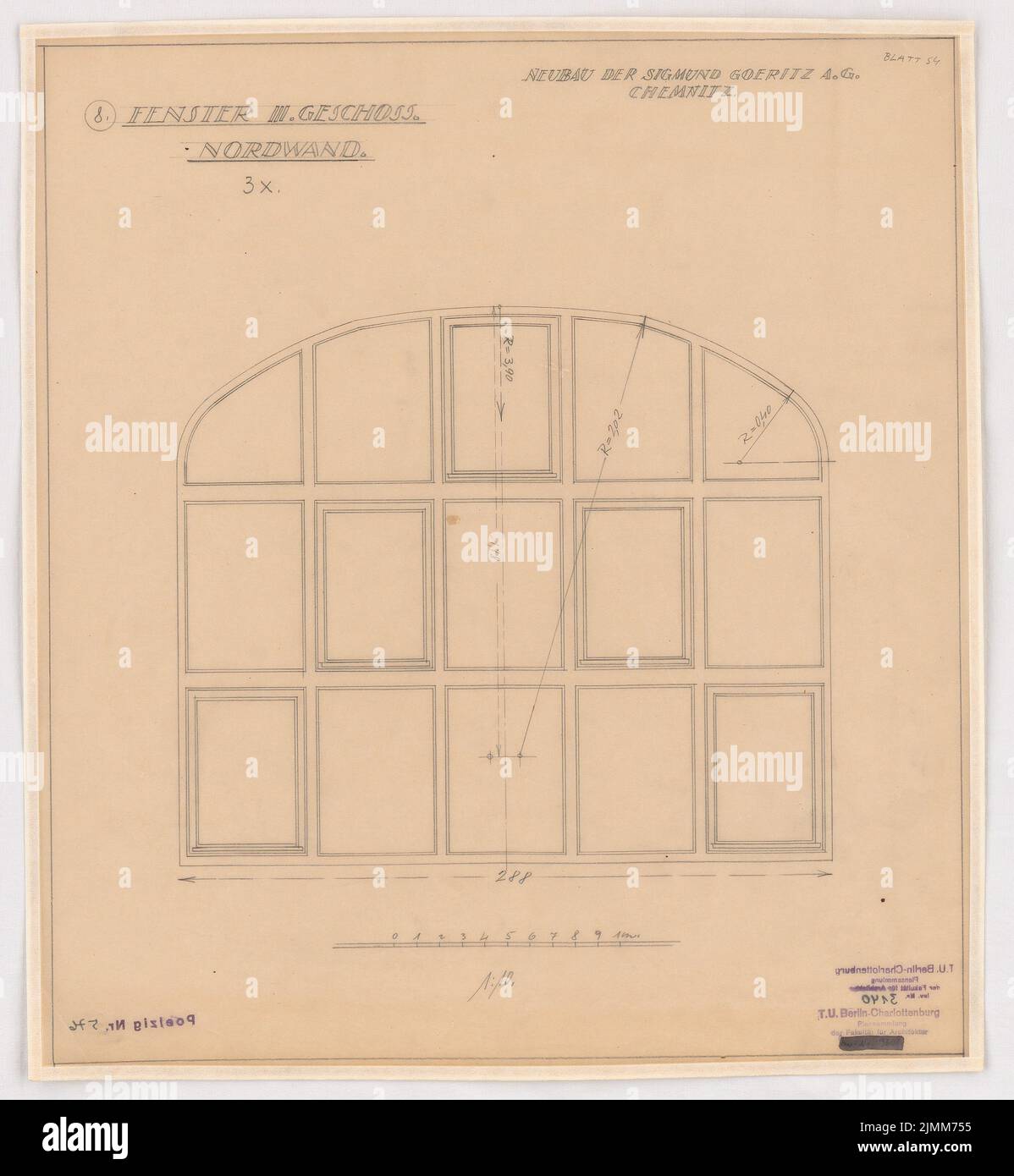 Poelzig Hans (1869-1936), Sigmund Goeritz AG, Chemnitz (1924-1926): Fenêtre 3rd plancher mur nord, vue 1:10. Crayon sur transparent, 48,4 x 44,6 cm (y compris les bords de numérisation) Banque D'Images