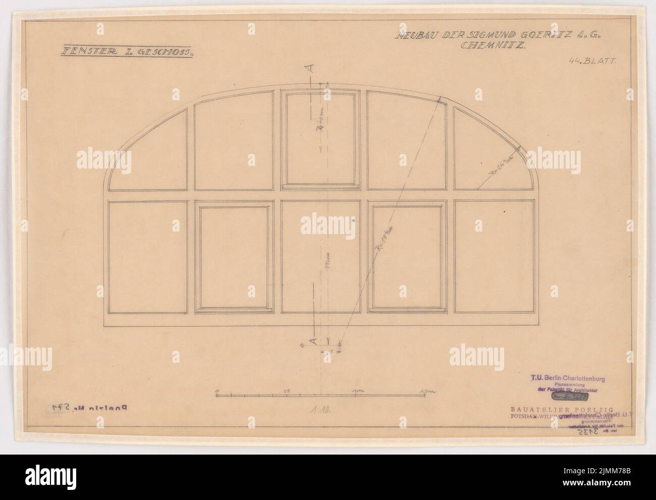 Poelzig Hans (1869-1936), Sigmund Goeritz AG, Chemnitz (1924-1926): Fenêtre 1st étage, vue 1:10. Crayon sur transparent, 32,8 x 47,3 cm (y compris les bords de numérisation) Banque D'Images