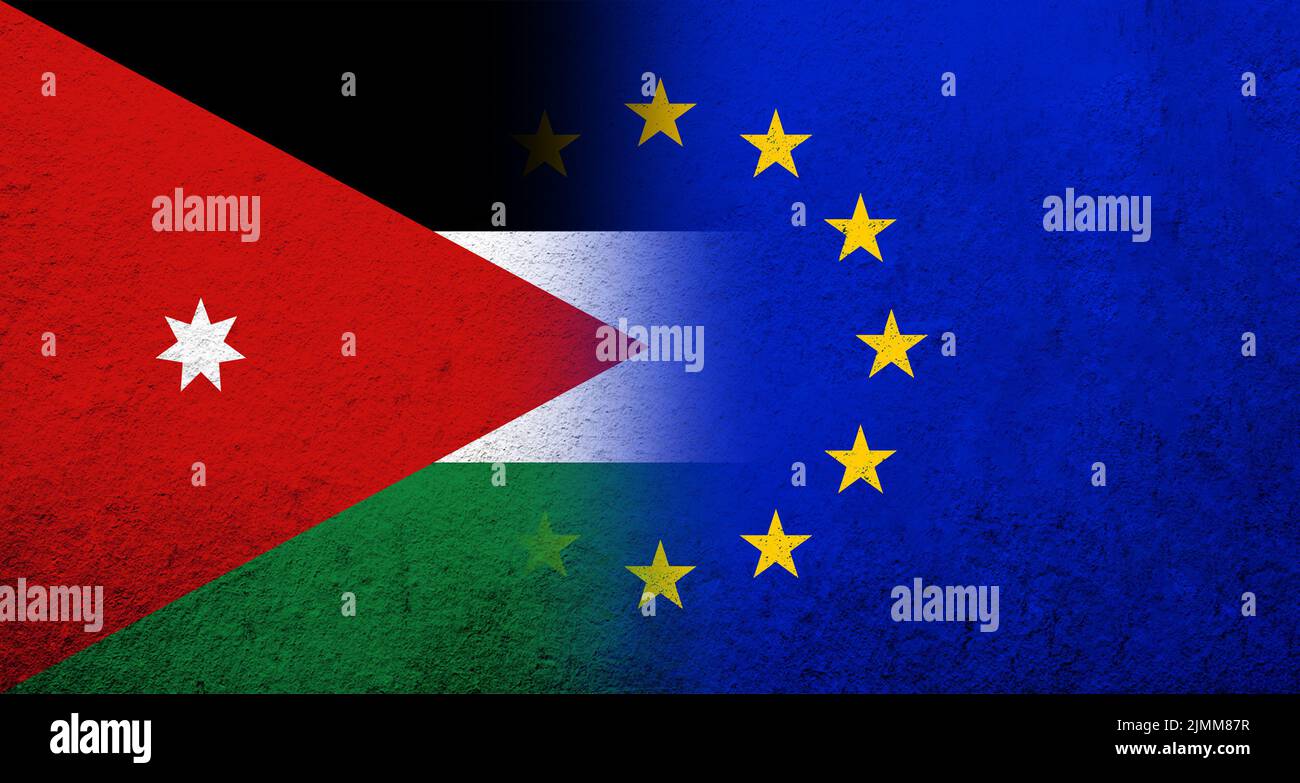 Drapeau de l'Union européenne avec le Royaume hachémite de Jordanie drapeau national. Grunge l'arrière-plan Banque D'Images