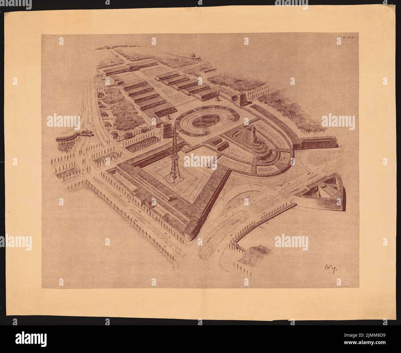 Poelzig Hans (1869-1936), centre d'exposition, Berlin-Charlottenburg : projet préliminaire, salle de congrès et restaurant principal, vue sur la perspective (spectacle d'oiseaux). Cassure légère sur le papier, 87,00 x 110,00 cm (bord de numérisation inclus). Banque D'Images