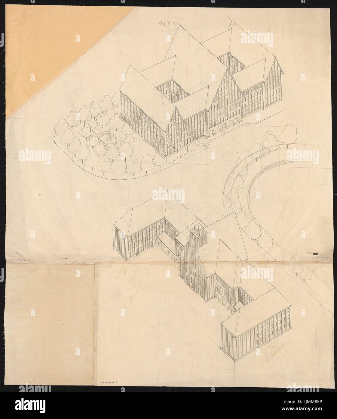 Poelzig Hans (1869-1936), plan de développement de l'installation centrale, Rüstringen près de Wilhelmshaven: Perspective (spectacle d'oiseaux). Crayon sur transparent, 117,00 x 101,00 cm (bord de numérisation inclus). Banque D'Images