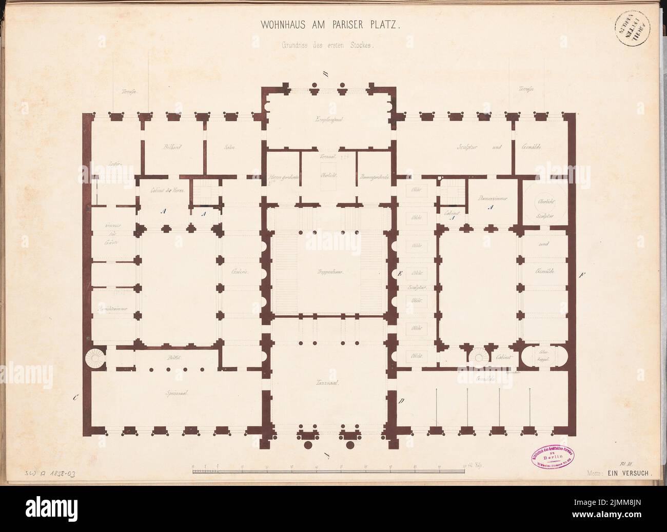 Böckmann Wilhelm (1832-1902), maison de palais à Berlin. Concours Schinkel 1858 (1857): Plan d'étage 1st étage; barre d'échelle. Tuche aquarelle sur la boîte, 46,8 x 64,1 cm (y compris les bords de numérisation) Banque D'Images