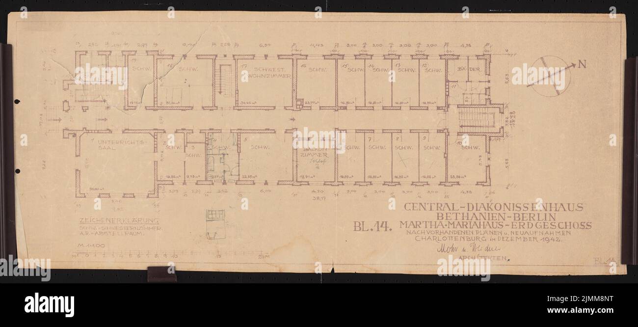 Mohr & Weidner, hôpital évangélique de la diaconesse à Bethanien à Berlin-Kreuzberg. Sœurs d'enseignement (Martha-Maria-Haus) (12,1942): Grundriss EG 1: 100. Crayon sur le papier, 32,5 x 73,2 cm (y compris les bords de numérisation) Banque D'Images