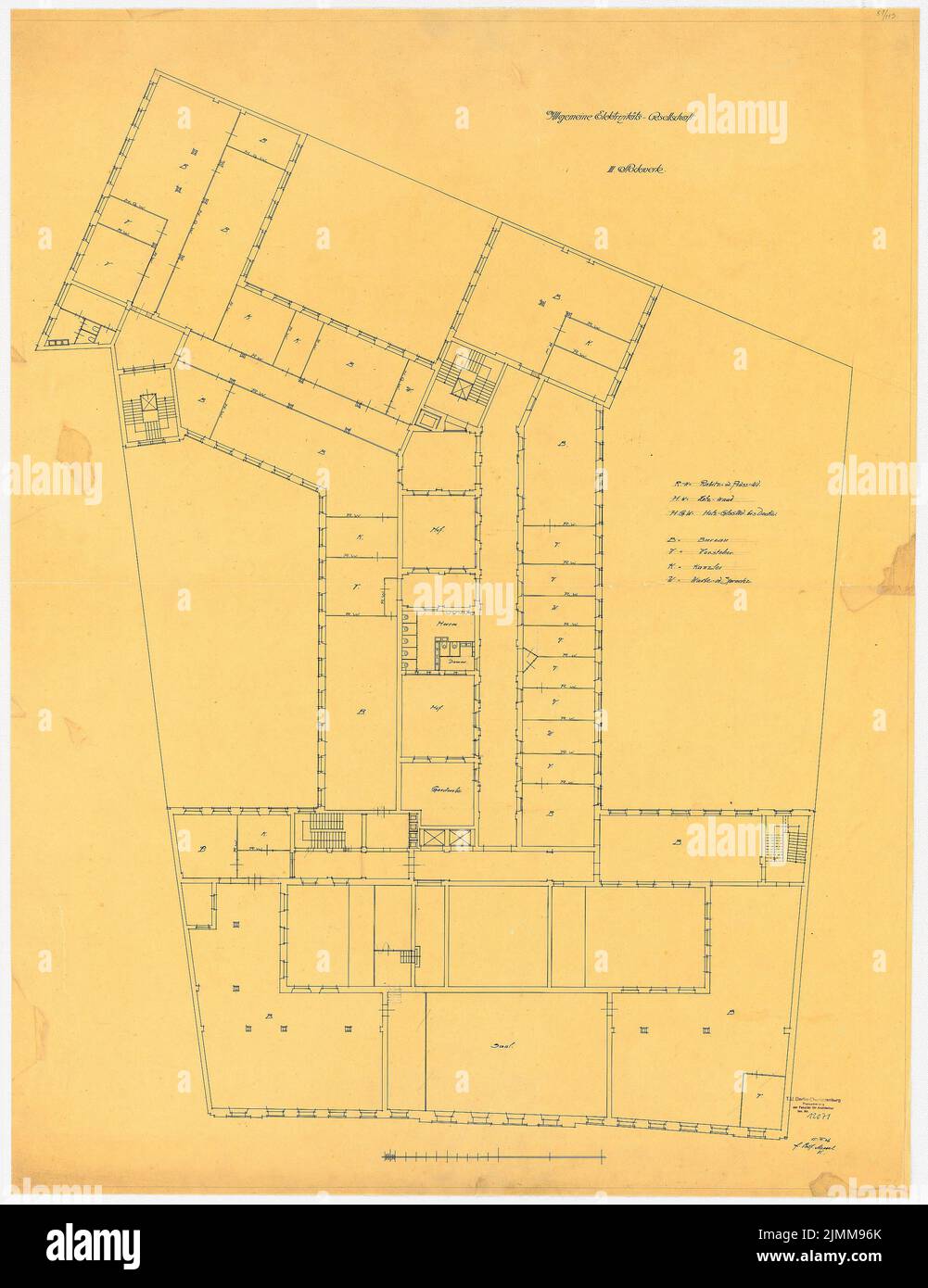 Messel Alfred (1853-1909), bâtiment administratif principal AEG, Berlin: Grundriss 3rd encre sur transparent, 116,5 x 89,7 cm (bord de balayage compris). Banque D'Images