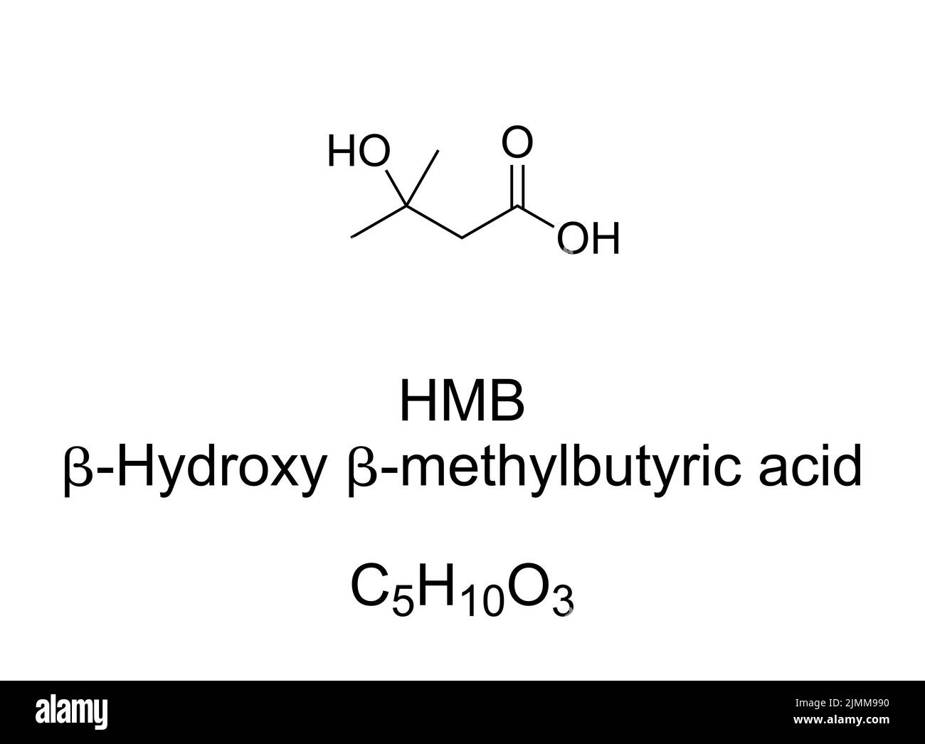 HMB, acide bêta-hydroxy-bêta-méthylbutyrique, formule chimique. Substance produite naturellement, utilisée comme supplément alimentaire, et ingrédient alimentaire médical. Banque D'Images