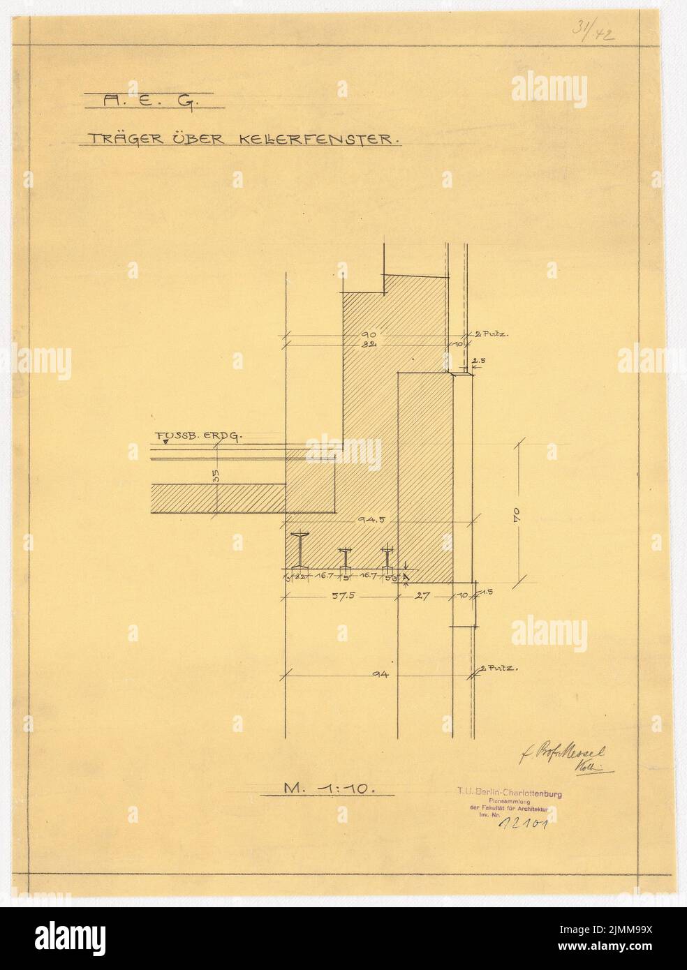 Messel Alfred (1853-1909), bâtiment administratif de l'AEG (General Elektrizitätsgesellschaft) à Berlin (1905-1907), porte-fenêtre de sous-sol 1:10, crayon sur transparent, tu UB Plan collection Inv. N° 12101 Banque D'Images