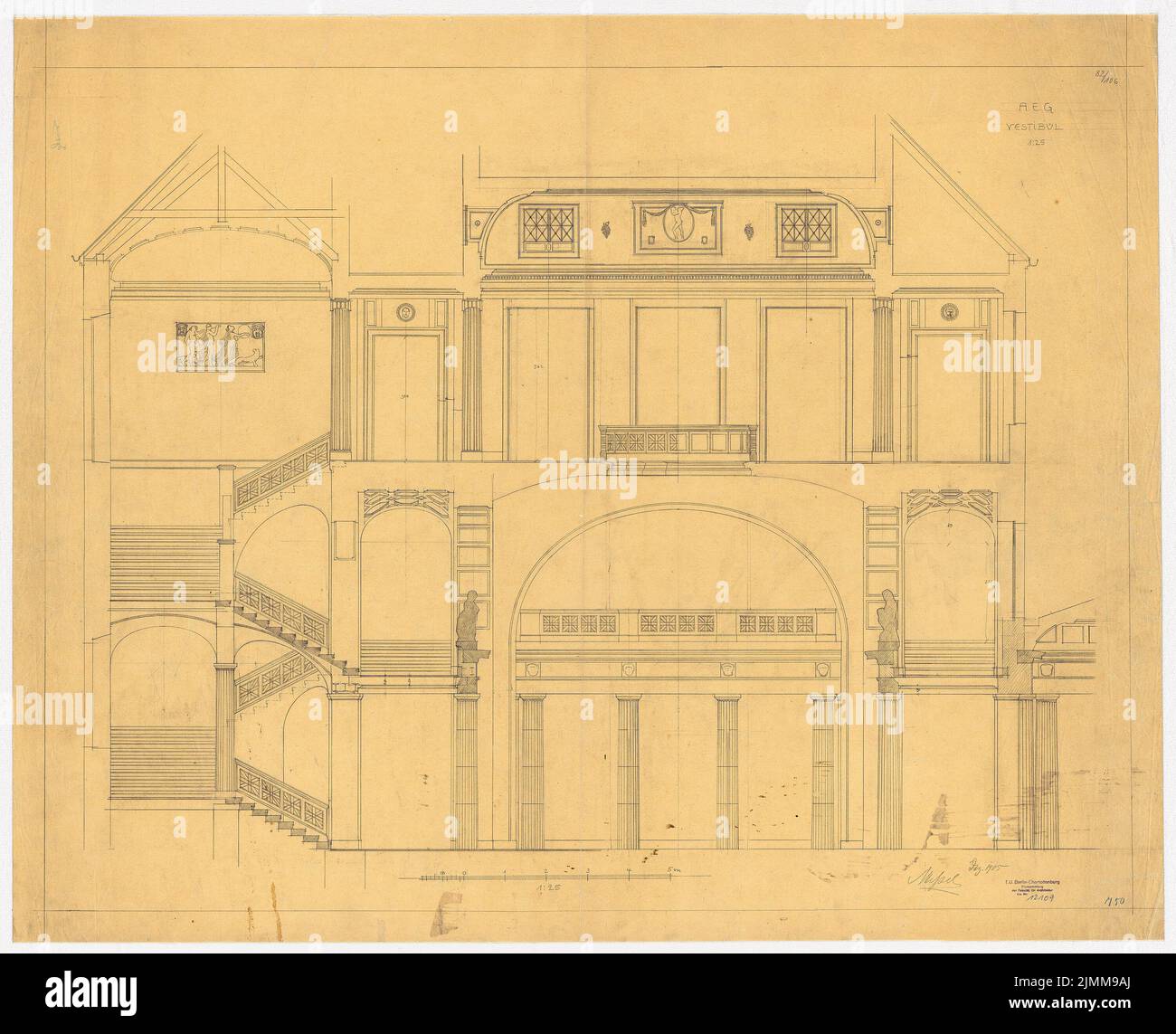 Messel Alfred (1853-1909), bâtiment administratif de l'AEG (Allgemeine Elektrizitätsgesellschaft) à Berlin (08,1905), Vestibül: Vue murale 1:25, crayon sur transparent, tu UB Plan collection Inv. N° 12109 Banque D'Images