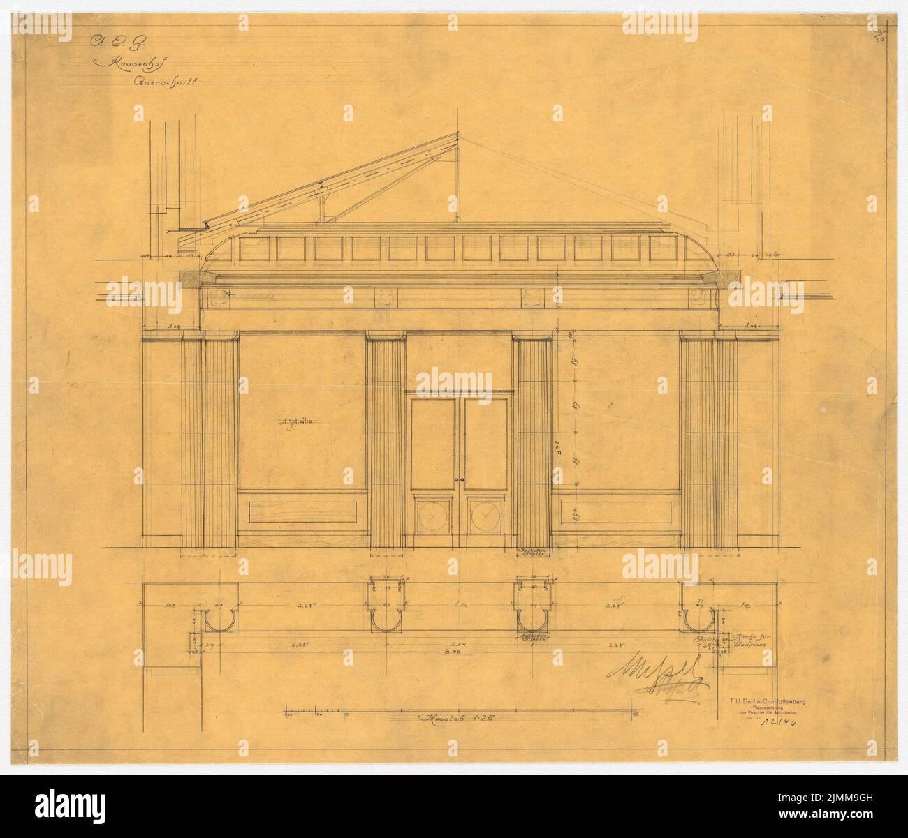 Messel Alfred (1853-1909), bâtiment administratif de l'AEG (Allgemeine Elektrizitätsgesellschaft) à Berlin (1905-1907), section transversale du trésorier, 1:25, crayon sur transparent, tu UB Plan collection Inv. N° 12146 Banque D'Images