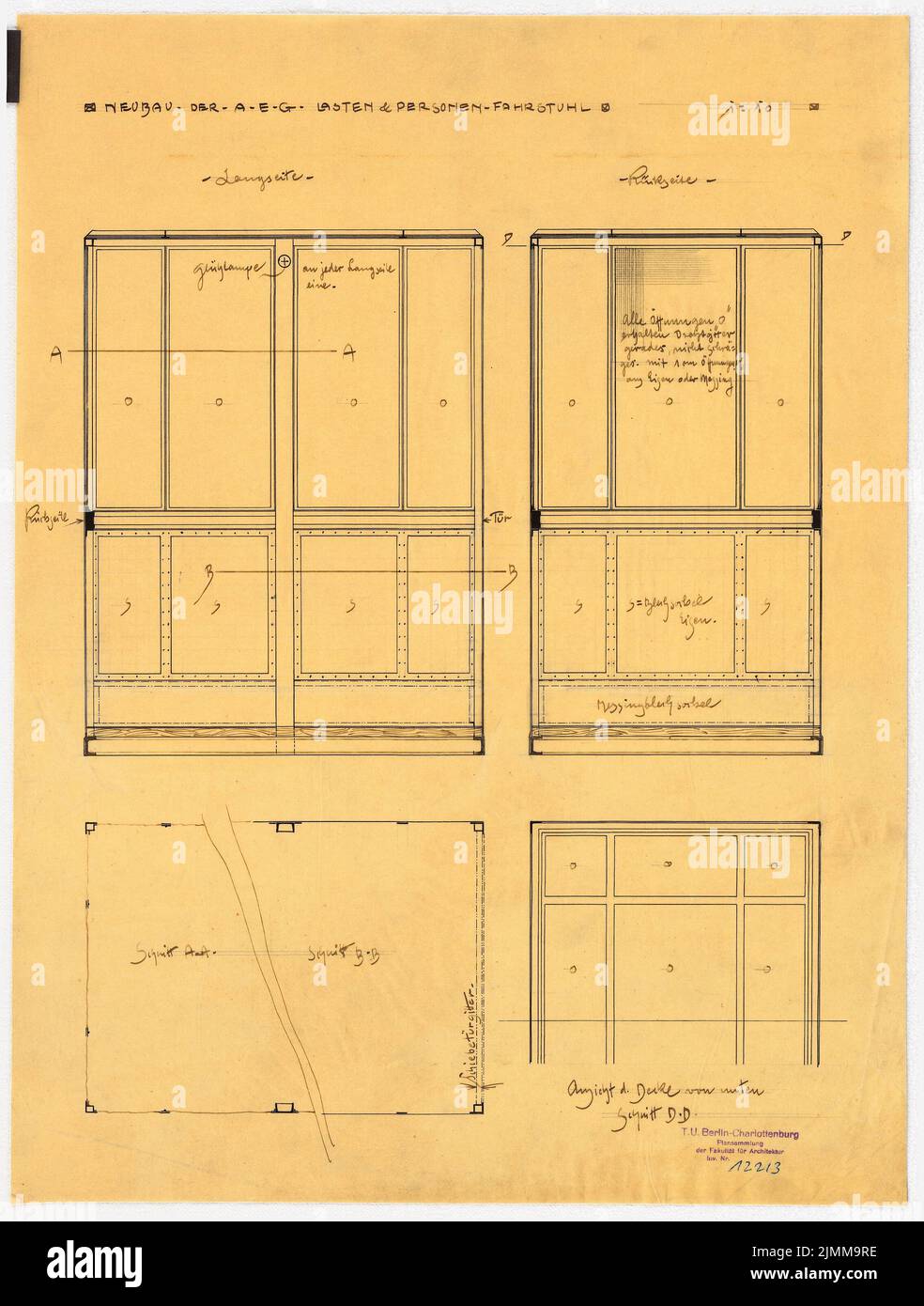 Messel Alfred (1853-1909), bâtiment administratif de l'AEG (Allgemeine Elektrizitätsgesellschaft) à Berlin (1905-1907), ascenseur de fret et de passagers, 1:10, encre, crayon, encre colorée sur transparent, tu UB Plan collection Inv. N° 12213 Banque D'Images