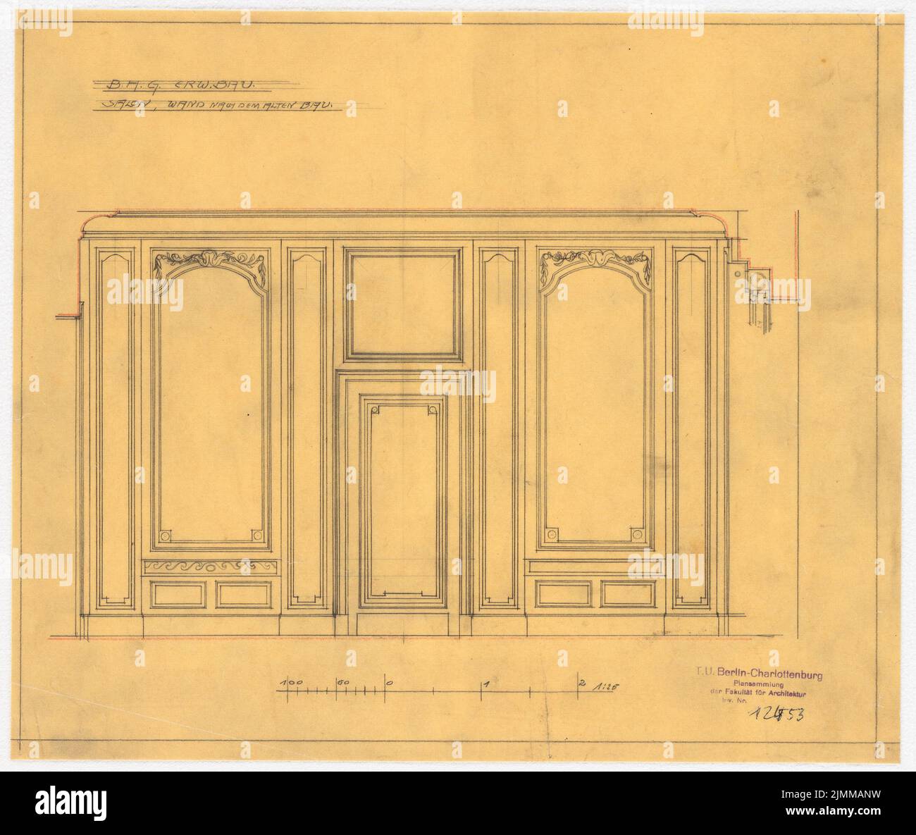 Messel Alfred (1853-1909), bâtiment commercial de la Handelsgesellschaft de Berlin, Berlin. Extension (1905-1907), mur salon 1:25, crayon, crayon coloré sur transparent, tu UB Plan collection inv. N° 12453 Banque D'Images