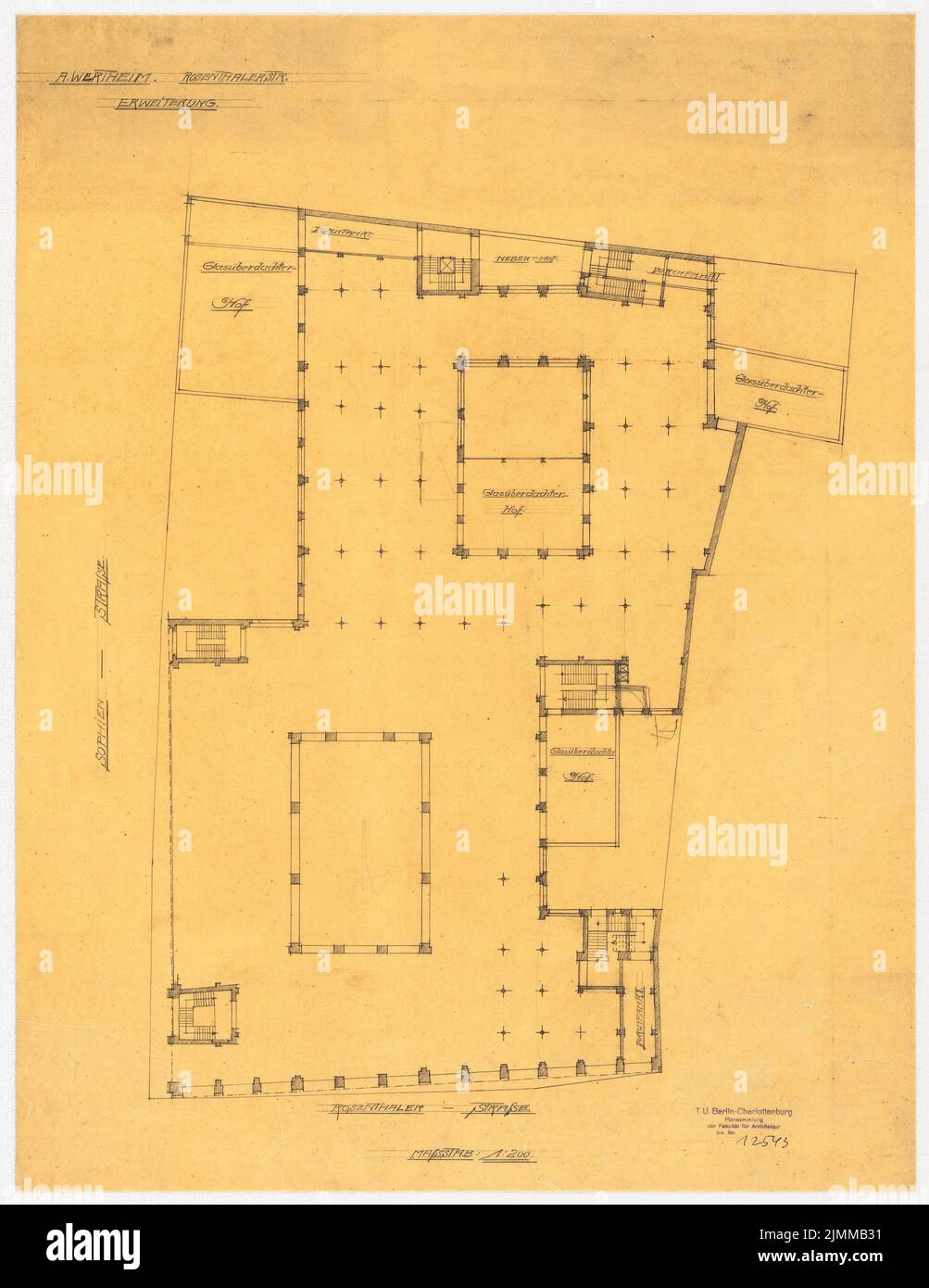 Messel Alfred (1853-1909), grand magasin Wertheim, Rosenthaler Straße/Sophienstraße, Berlin. Extension (1904), plan d'étage total, 1: 200, crayon sur transparent, tu UB Plan collection inv. N° 12543 Banque D'Images