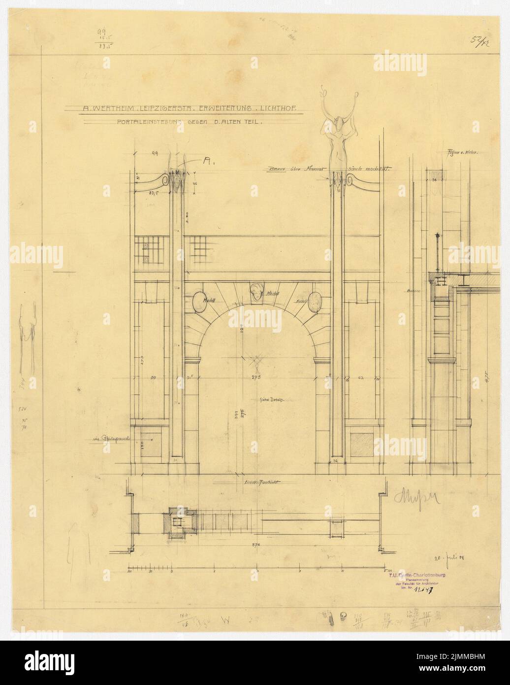 Messel Alfred (1853-1909), Wertheim, Leipziger Straße, Berlin. 2. Phase de construction (20 juillet 1904), paramètres de portail, crayon sur transparent, tu UB Plan collection inv. N° 12647 Banque D'Images