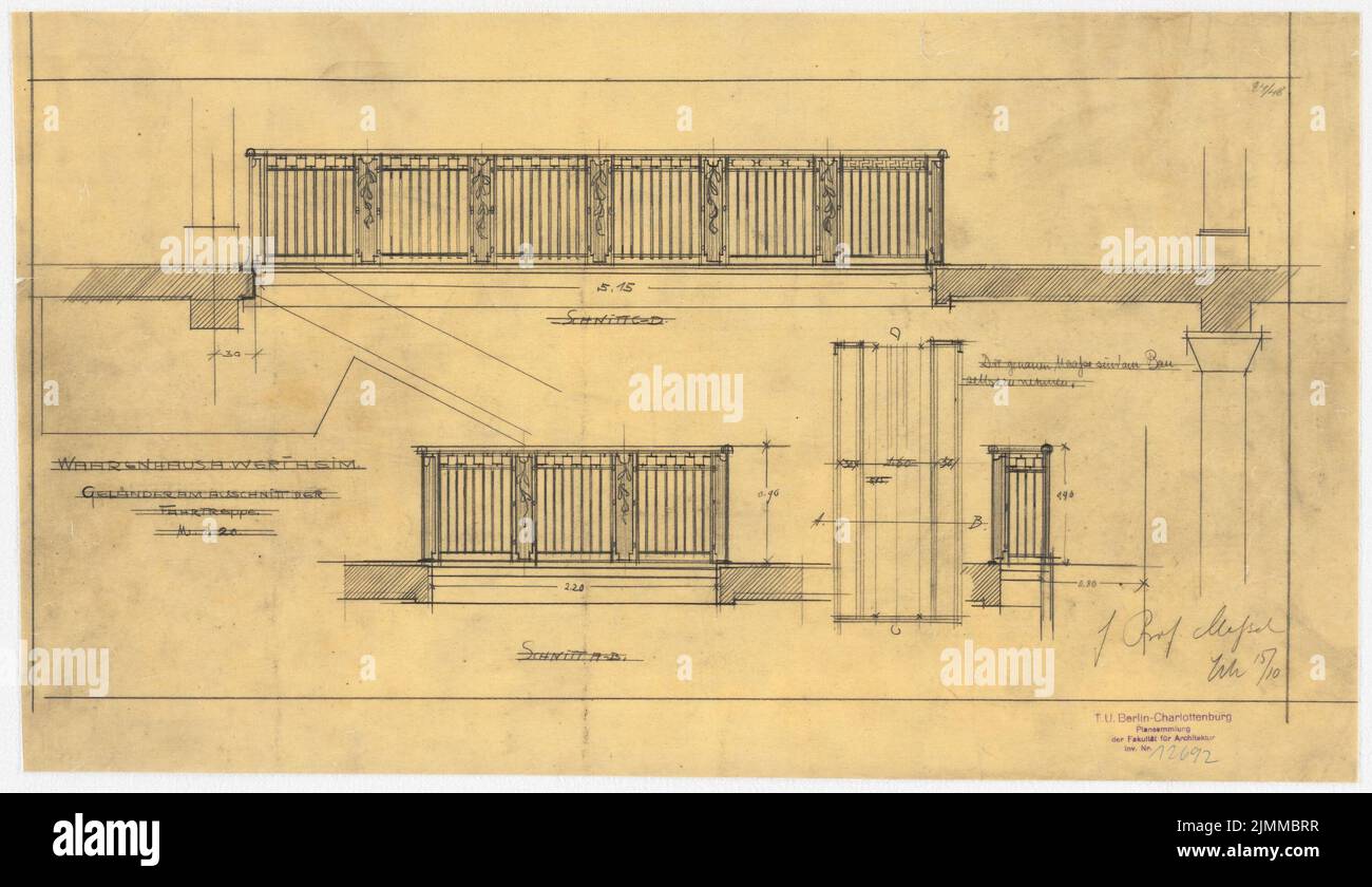 Messel Alfred (1853-1909), Wertheim, Leipziger Straße, Berlin. 2. Phase de construction (15 octobre), main courante sur l'escalier roulant, crayon sur transparent, tu UB Plan collection inv. N° 12692 Banque D'Images