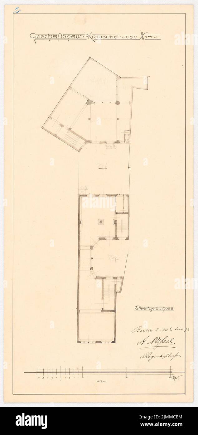 Messel Alfred (1853-1909), immeuble d'appartements et de commerces, Berlin (30 juin 1893), plan d'étage OG, 1: 200, Encre, crayon sur papier, tu UB Plan collection inv. N° 12849 Banque D'Images