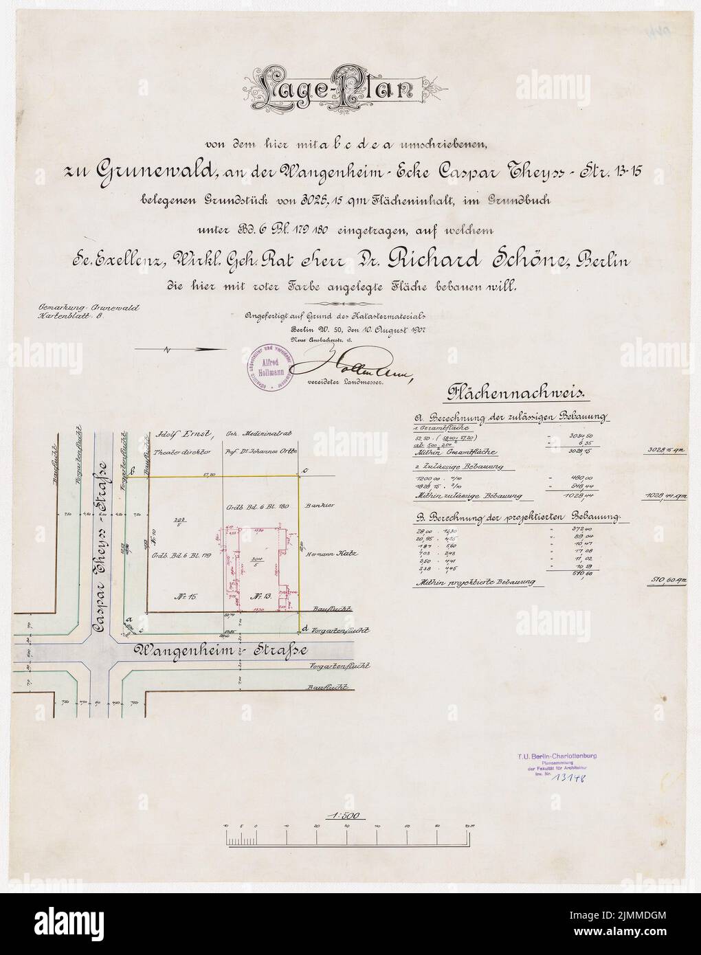 Messel Alfred (1853-1909), Villa Dr. Richard Schöne, Berlin-Grunewald (10.08.1907), plan de mesure 1: 500, encre, encre couleur, aquarelle sur transparent, tu UB Plan collection inv. N° 13148 Banque D'Images