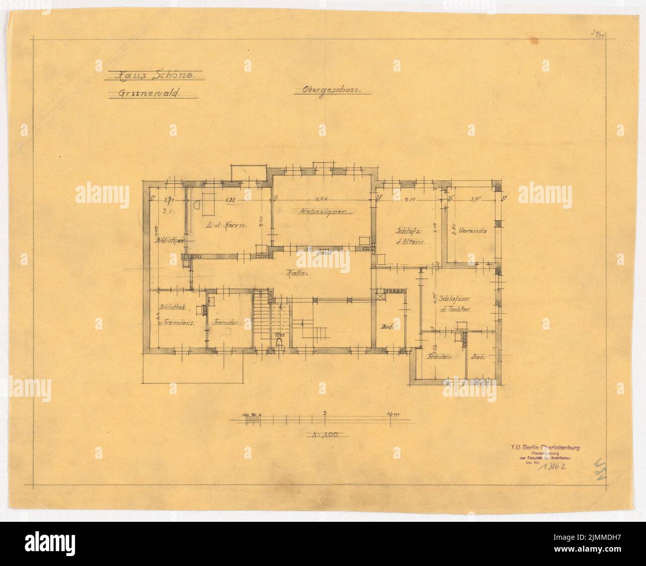 Messel Alfred (1853-1909), Villa Dr. Richard Schöne, Berlin-Grunewald. Projet II (1907), plan d'étage étage étage 1: 100, aquarelle crayon sur transparent, tu UB Plan collection inv. N° 13162 Banque D'Images