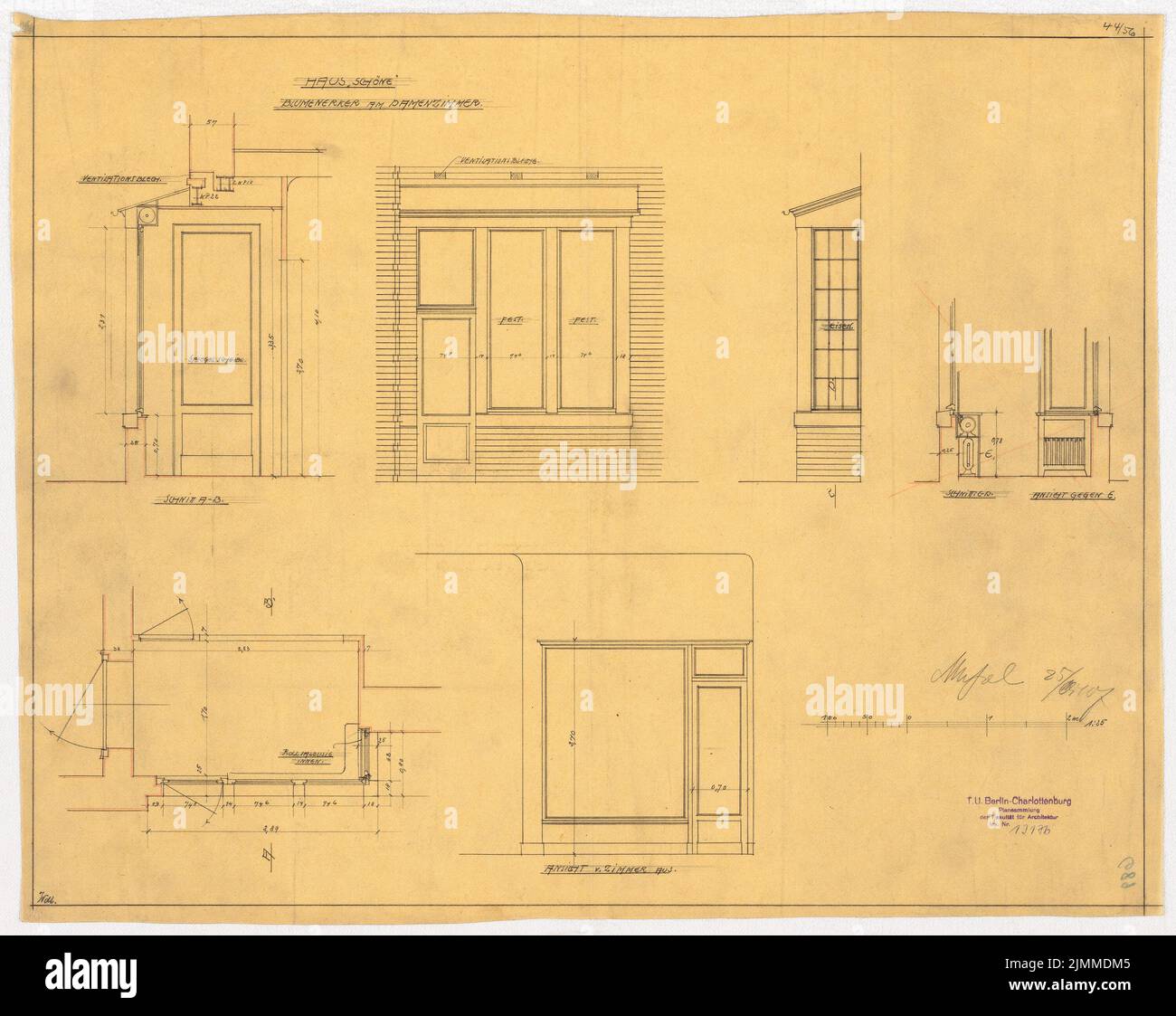 Messel Alfred (1853-1909), Villa Dr. Richard Schöne, Berlin-Grunewald (25.09.1907), potting nerks: Plans d'étage, vues, coupures, 1:25, crayon, Crayon coloré sur transparent, tu UB Plan collection inv. N° 13176 Banque D'Images