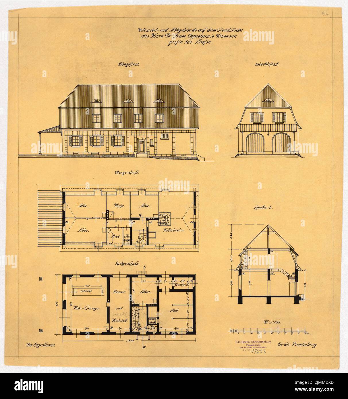 Messel Alfred (1853-1909), Landhaus Dr. Franz Oppenheim, Berlin-Wannsee (1907), écurie et garage: Plans d'étage, vues, coupé, 1:50, encre sur transparent, Tu UB Plan collection inv. N° 13223 Banque D'Images