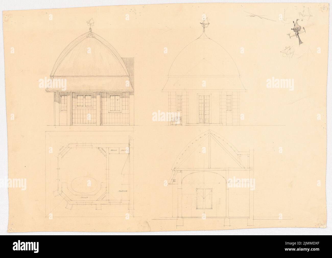 Messel Alfred (1853-1909), Landhaus Dr. Franz Oppenheim, Berlin-Wannsee (1907), belvédère dans le plan d'étage, contour et coupe, crayon sur transparent, tu UB Plan collection inv. N° 13230 Banque D'Images