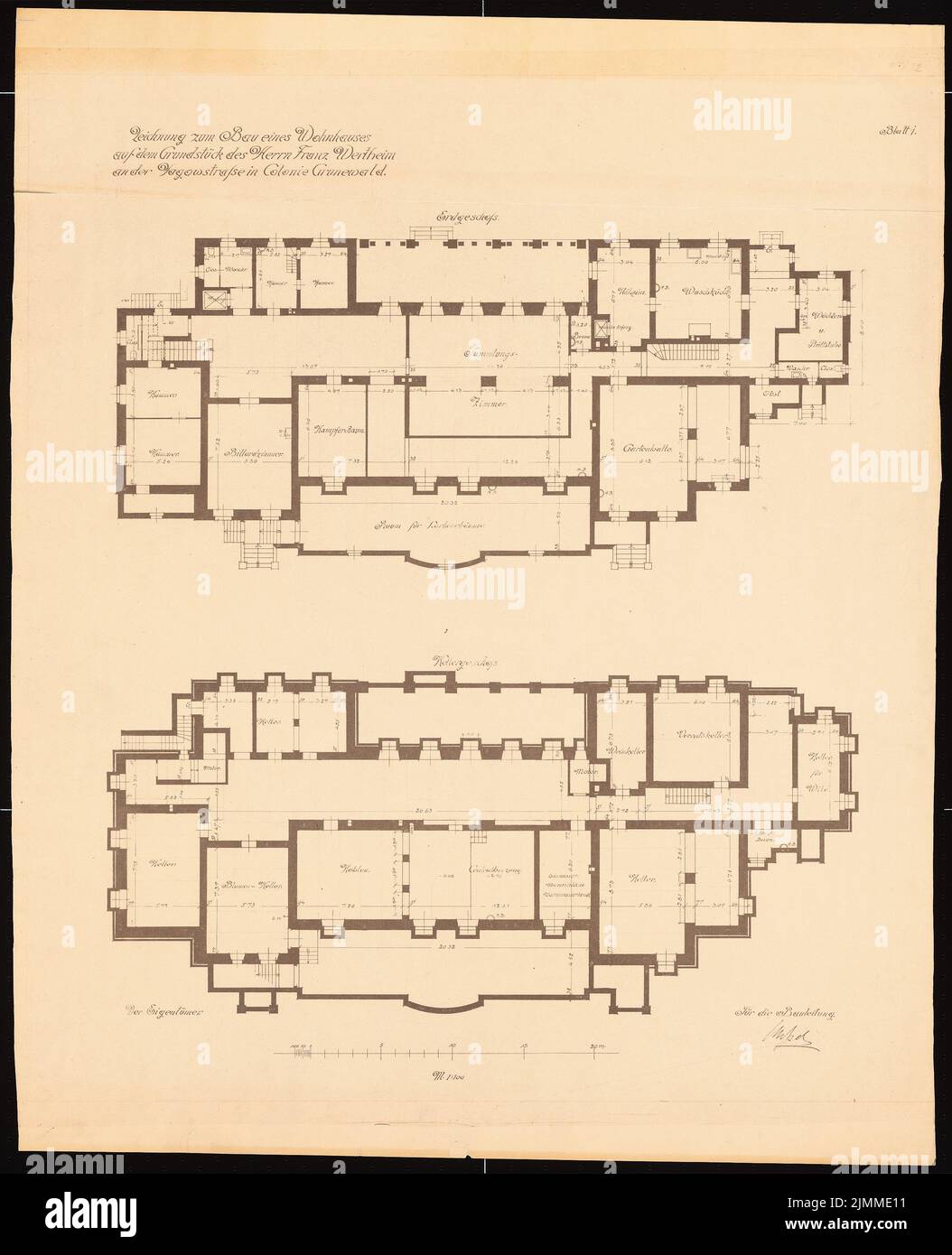 Messel Alfred (1853-1909), immeuble résidentiel Franz Wertheim, Berlin-Grunewald (1908), Grundrisse KG et EG 1: 100, rupture légère sur papier, tu UB Plan collection inv. N° 13247 Banque D'Images