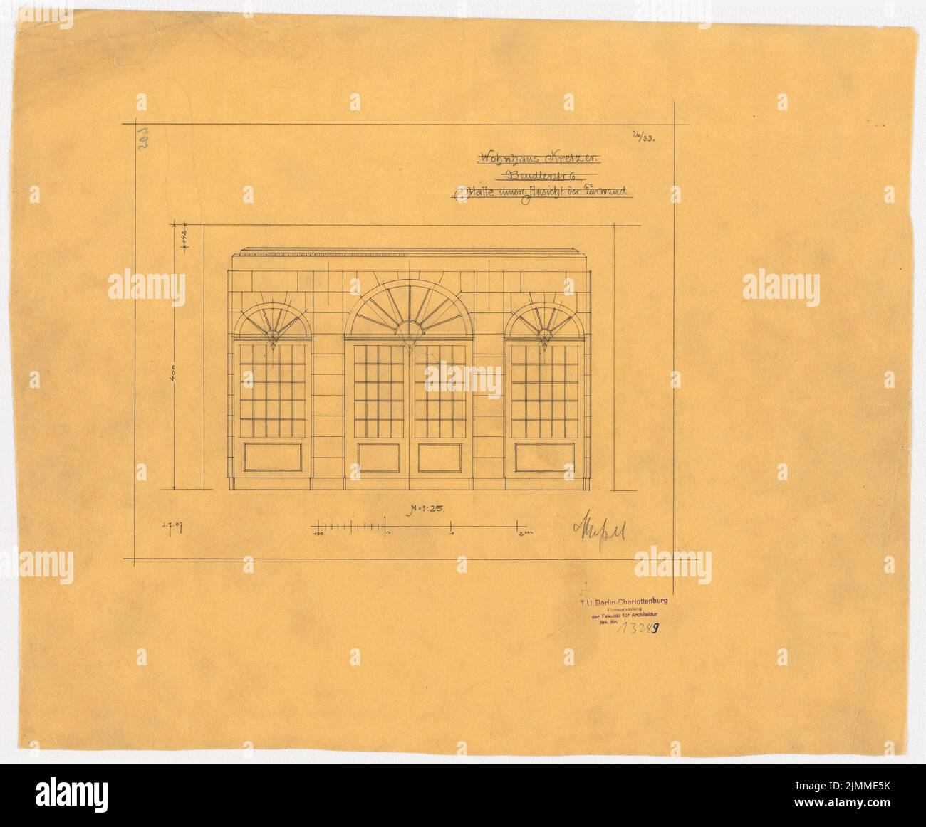 Messel Alfred (1853-1909), Villa E. Kretzer, Berlin (01.07.1907), Halle au rez-de-chaussée: Vue intérieure du mur de porte 1:25, crayon sur transparent, tu UB Plan collection Inv. N° 13289 Banque D'Images