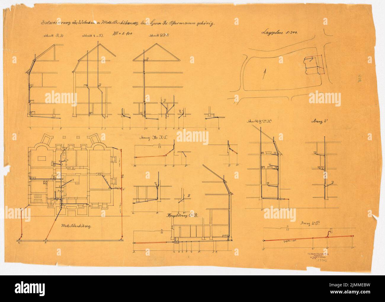 Messel Alfred (1853-1909), Villa Ostermann à Darmstadt. Projet II (1907), plan de drainage, 1 : 100, 1 : 500, crayon, Encre colorée sur transparent, tu UB Plan collection inv. N° 13342 Banque D'Images