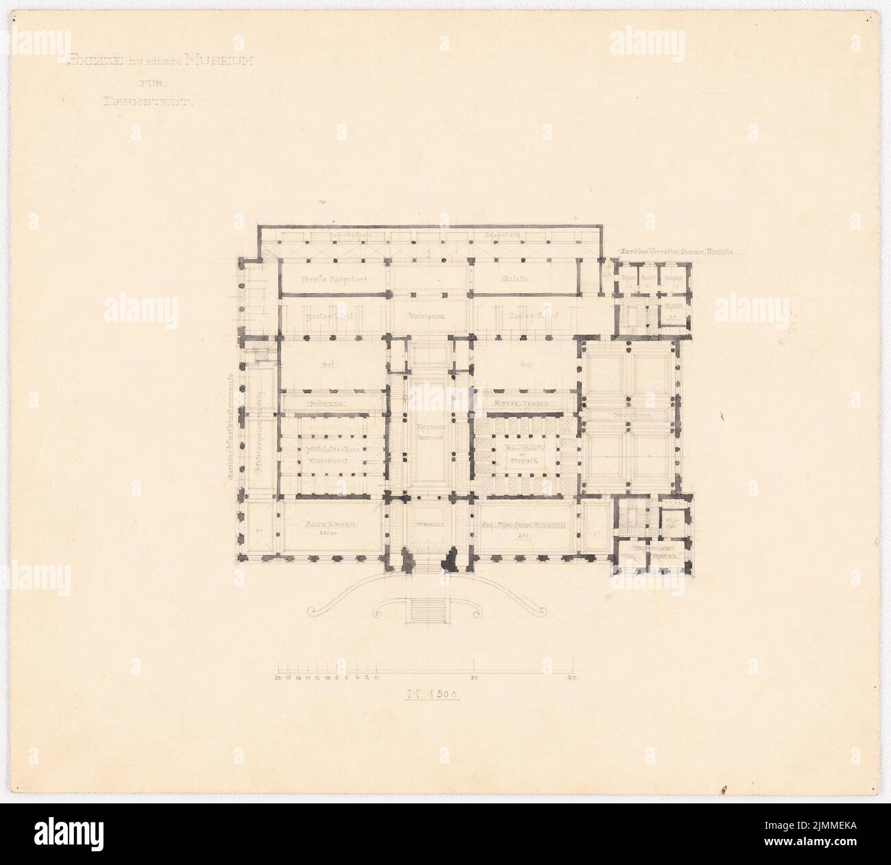 Messel Alfred (1853-1909), Grand Musée ducal à Darmstadt. Ébauche préliminaire (sans date), plan d'étage EG 1: 500, aquarelle crayon sur carton, tu UB Plan collection inv. N° 13390 Banque D'Images