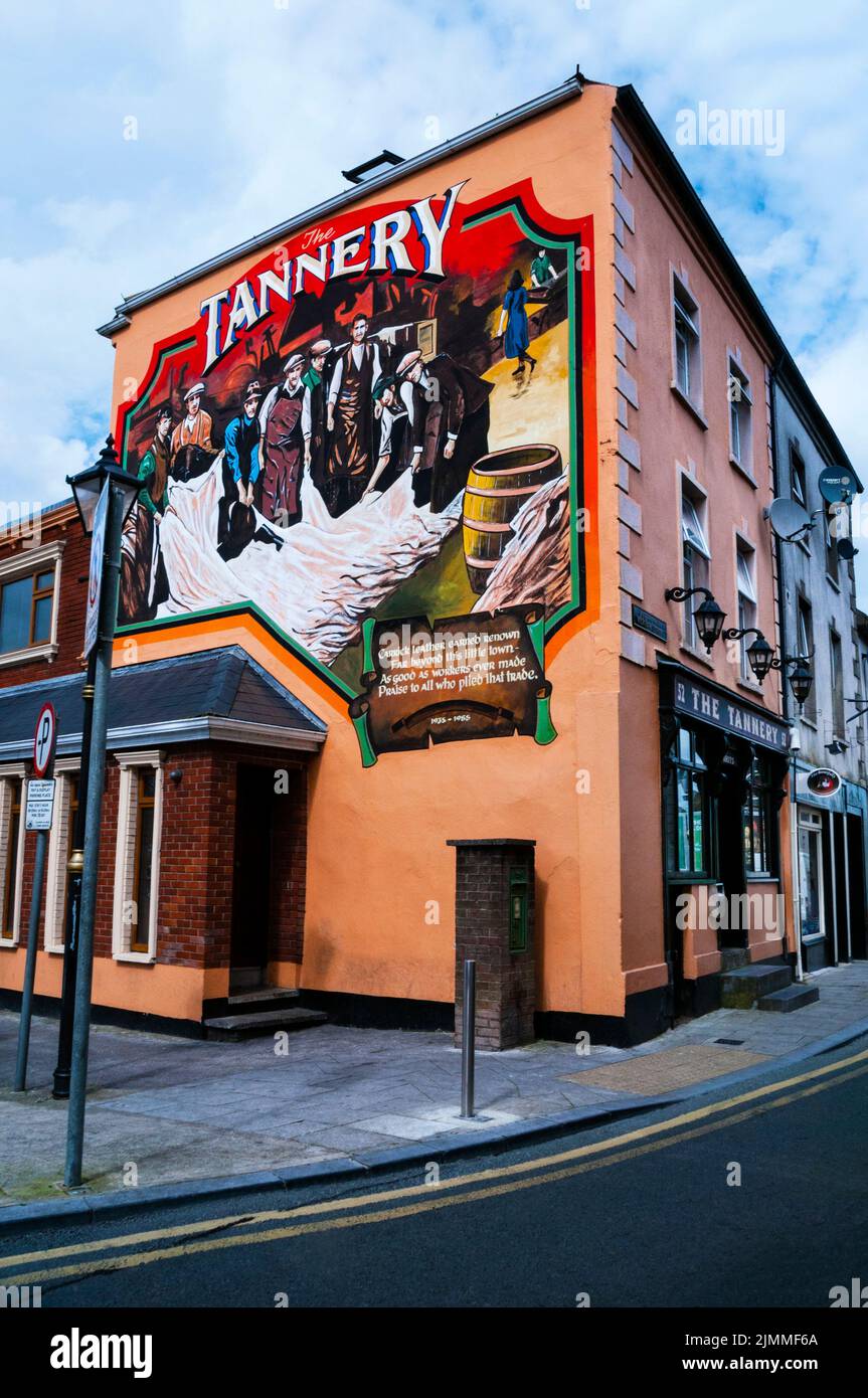La fresque de la Tannerie à Carrick-on-Suir, en Irlande. Réutilisée adaptivement comme pub irlandais après sa fermeture en 1985. Banque D'Images