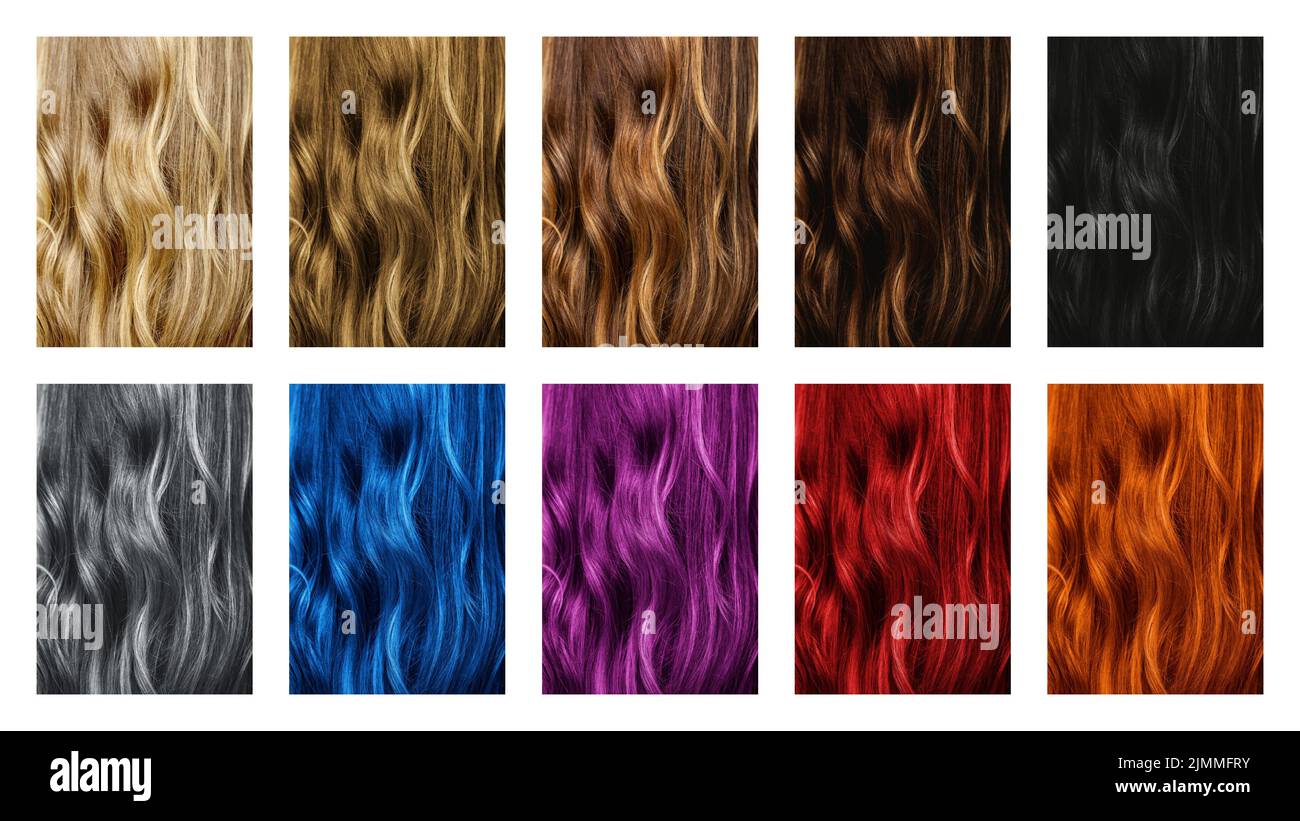Teintures pour les cheveux. Ensemble d'échantillons de différentes couleurs de cheveux. Banque D'Images