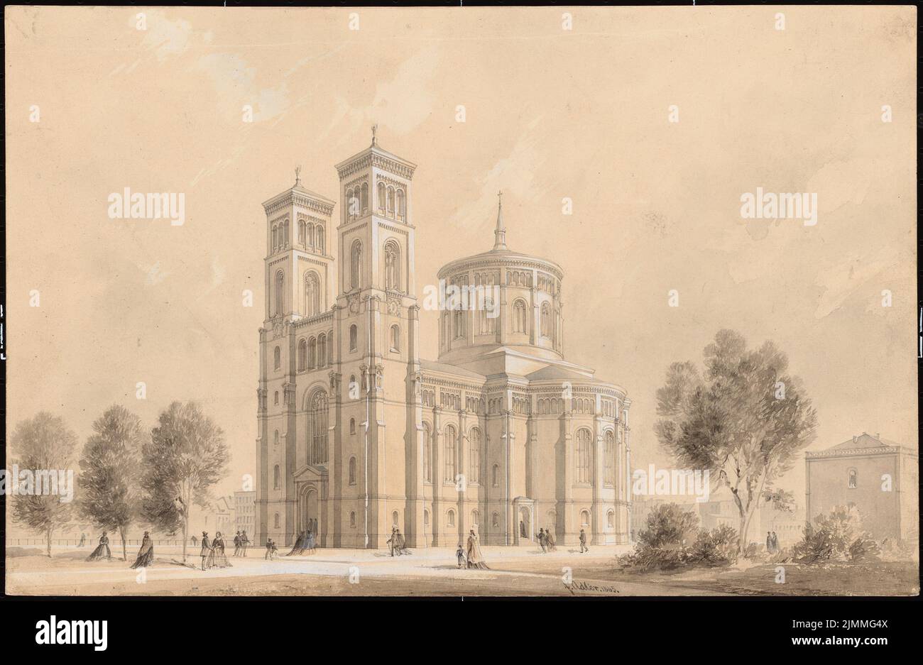 Adler Friedrich (1827-1908), Eglise Thomas de Berlin-Kreuzberg (1865) : perspective. Encre blanche mise en page sur la boîte, 27,6 x 42,3 cm (y compris les bords de numérisation) Banque D'Images