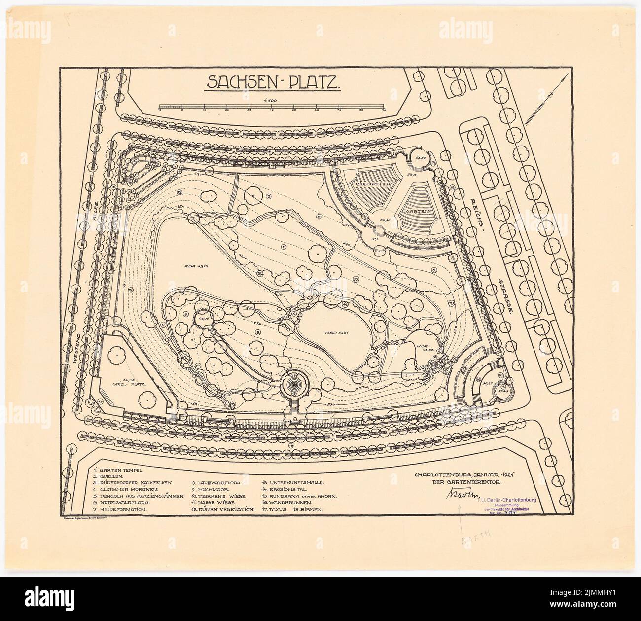 Barth Erwin (1880-1933), Sachsenplatz à Berlin-Charlottenburg (01,1921): Département de la conception des jardins 1: 500. Pression sur le papier, 51,2 x 57 cm (y compris les bords de numérisation) Banque D'Images