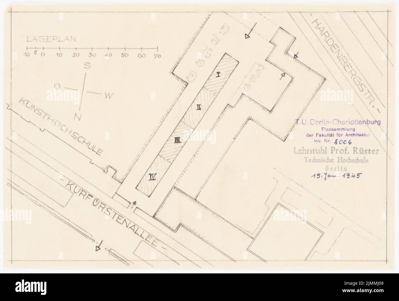 Rüster Emil (1883-1949), Université technique (Université technique), Berlin. Hébergement d'urgence (15 janvier 1945) : selon le plan 1 : 1000. Crayon sur transparent, 16,8 x 24,5 cm (y compris les bords de numérisation) Banque D'Images