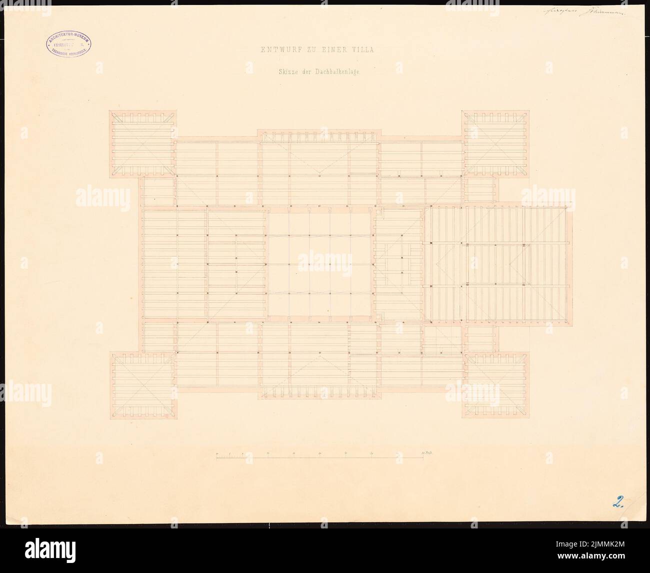 Schirrmacher Georg Theodor (1833-1864), villa avec un grand parc (sans date): Plan d'étage de la position de la poutre de toit; avec Inv.No 15464 ensemble. Encre et aquarelle d'encre sur la boîte, 53,1 x 65,4 cm (y compris les bords de numérisation) Banque D'Images