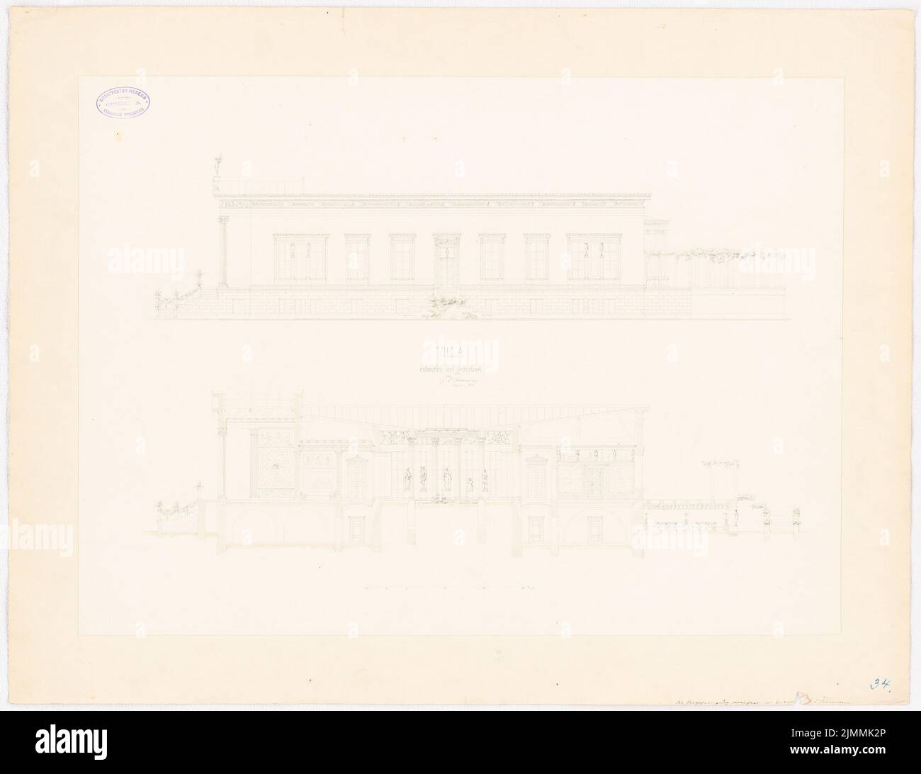 Schirrmacher Georg Theodor (1833-1864), Villa (1855): Vue et coupe transversale. Encre sur papier, 60,1 x 77,9 cm (y compris les bords de numérisation) Banque D'Images