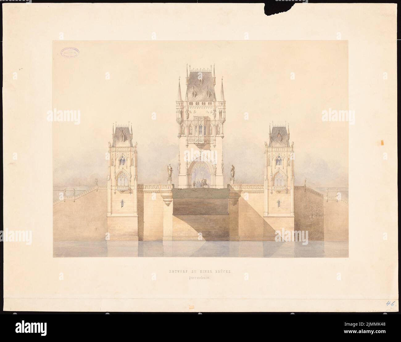 Schirrmacher Georg Theodor (1833-1864), pont (sans date): Coupe transversale avec vue sur le bâtiment de la banque. Tuche aquarelle sur papier, 77,4 x 98,8 cm (y compris les bords de numérisation) Banque D'Images