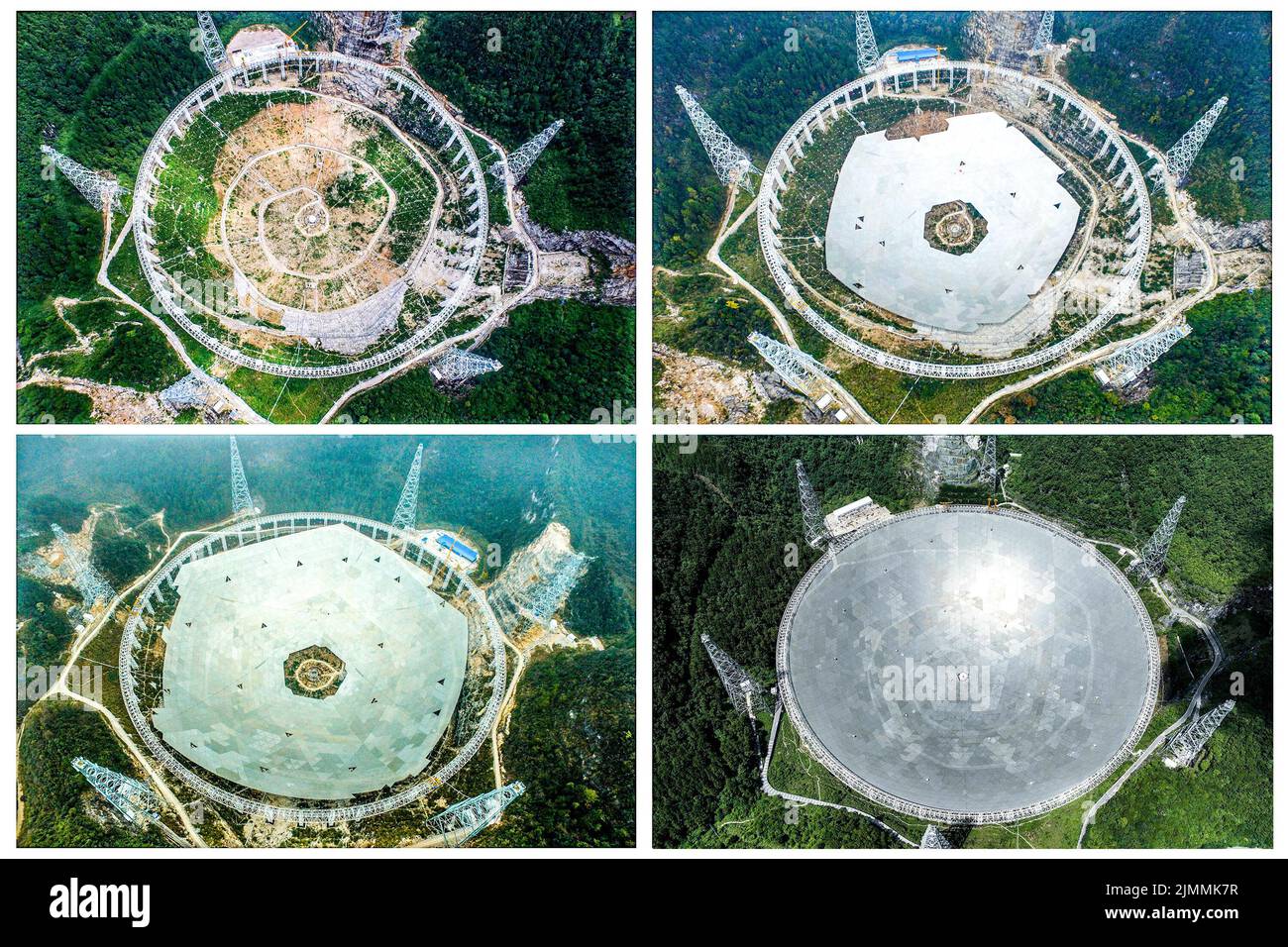 (220806) -- GUIZHOU, le 6 août 2022 (Xinhua) -- la photo combinée montre le télescope radio sphérique à ouverture de cinq cents mètres de Chine (FAST) avec le premier panneau de réflexion installé (Upper L, photo prise le 2 août 2015), avec près de la moitié des panneaux de réflexion installés (Upper R, photo prise le 16 décembre 2015), Avec environ 80 pour cent des panneaux de réflexion installés (L inférieur, photo prise sur 9 mars 2016), et une vue panoramique de RAPIDE (R inférieur, photo prise sur 21 juillet 2022), dans le sud-ouest de la Chine dans la province de Guizhou. Situé dans une dépression karstique naturellement profonde et ronde dans le sud-ouest de la Chine Guizhou Banque D'Images