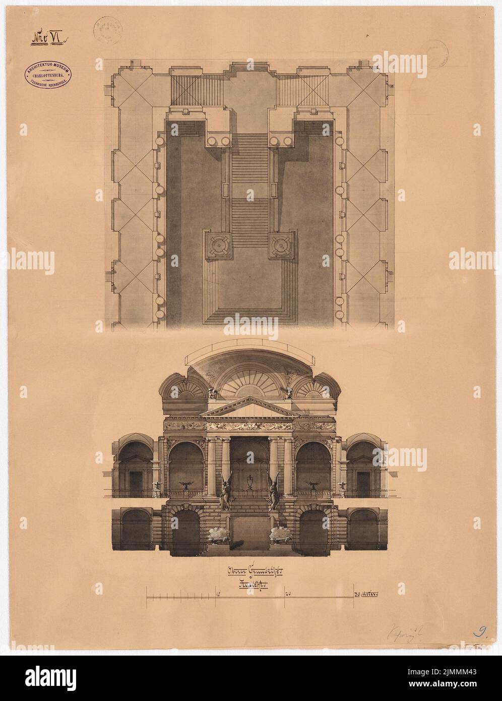 Sehring Bernhard (1855-1932), Académie des Arts, Berlin (1883): Plan d'étage partiel OG, section transversale. Crayon et aquarelle d'encre sur la boîte, 63,1 x 48,4 cm (y compris les bords de numérisation) Banque D'Images