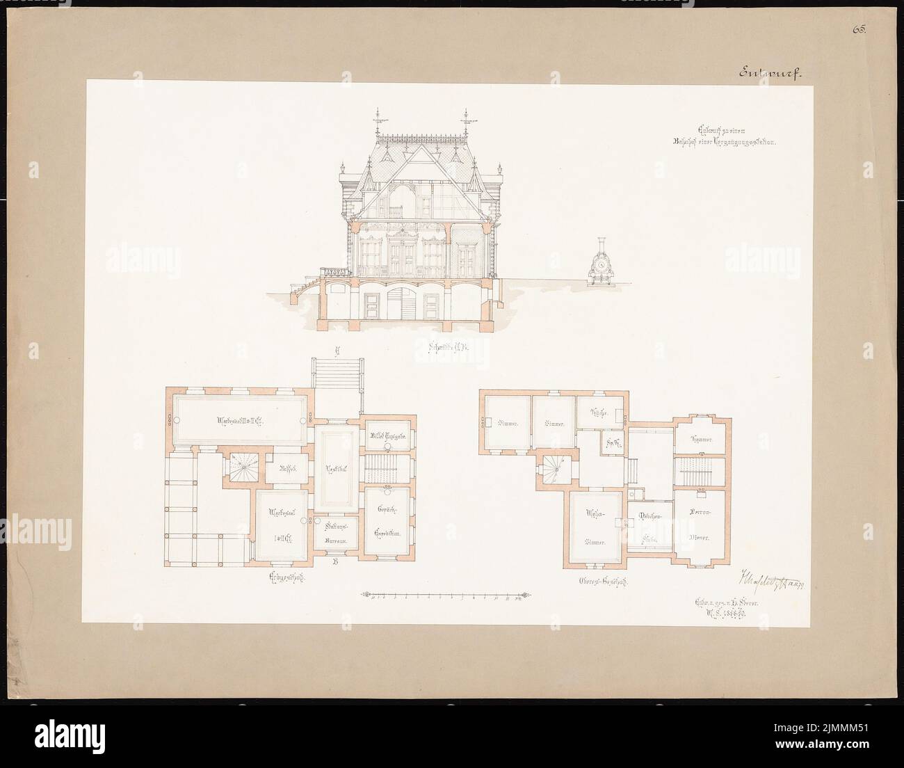 Stever Hans, Bahnhof (1879): 2 plans d'étage, coupés. Tuche aquarelle sur papier, 60,5 x 77,5 cm (y compris les bords de numérisation) Banque D'Images