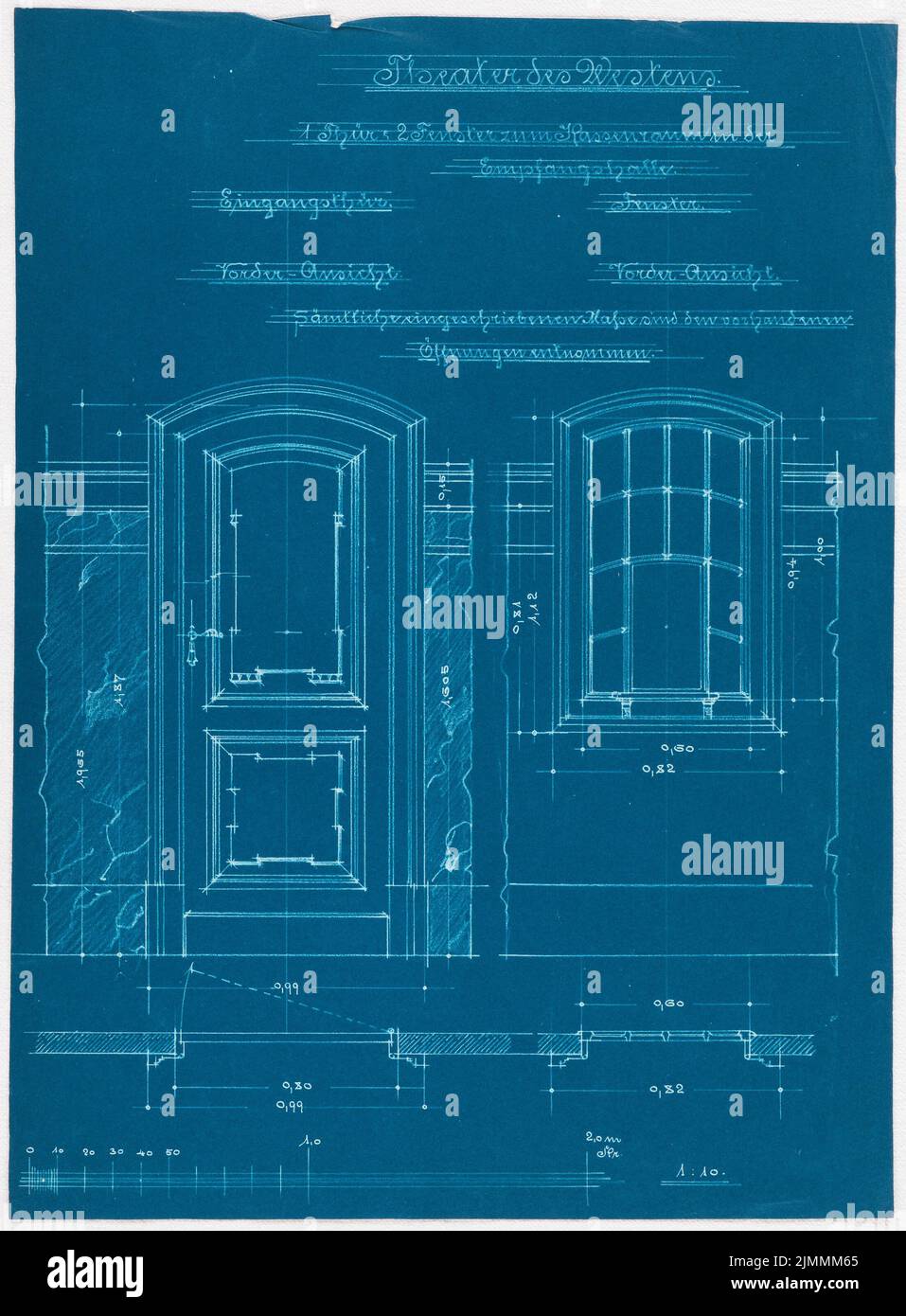 Sehring Bernhard (1855-1932), Théâtre des Westens, Berlin-Charlottenburg (1896): Salle des caisses: Porte, fenêtre 1:10. Photocalque sur papier, 43,7 x 32,2 cm (y compris les bords de numérisation) Banque D'Images