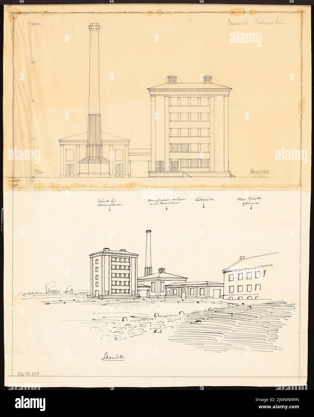 Architecte inconnu, chaudière et machine maison avec un honneur tombé. Compétition mensuelle Mars 1920 (03,1920): Rising View 1: 200; perspective View. Crayon transparent, encre sur carton, 50,4 x 40,6 cm (y compris les bords de numérisation) Banque D'Images