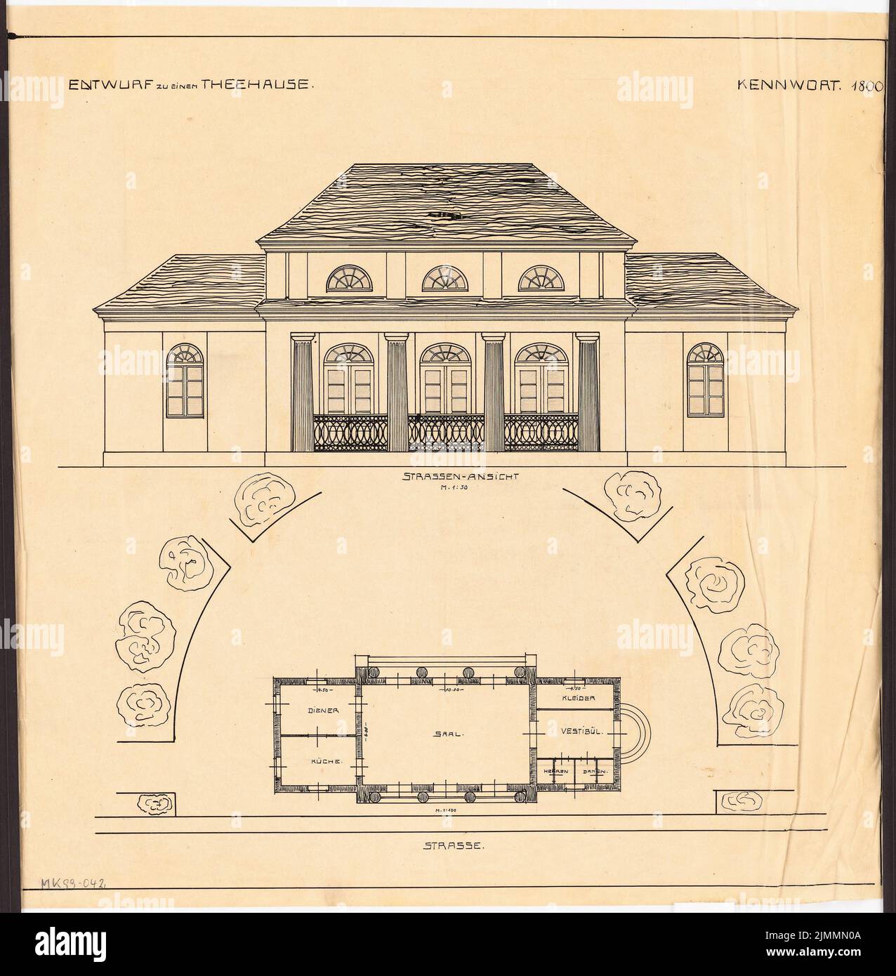 Architecte inconnu, bâtiment de jardin - salon de thé. Compétition mensuelle avril 1921 (04,1921): Plan d'étage 1: 100; Riss Road View 1:50. Encre sur transparent, 53,7 x 52,7 cm (y compris les bords de numérisation) Banque D'Images