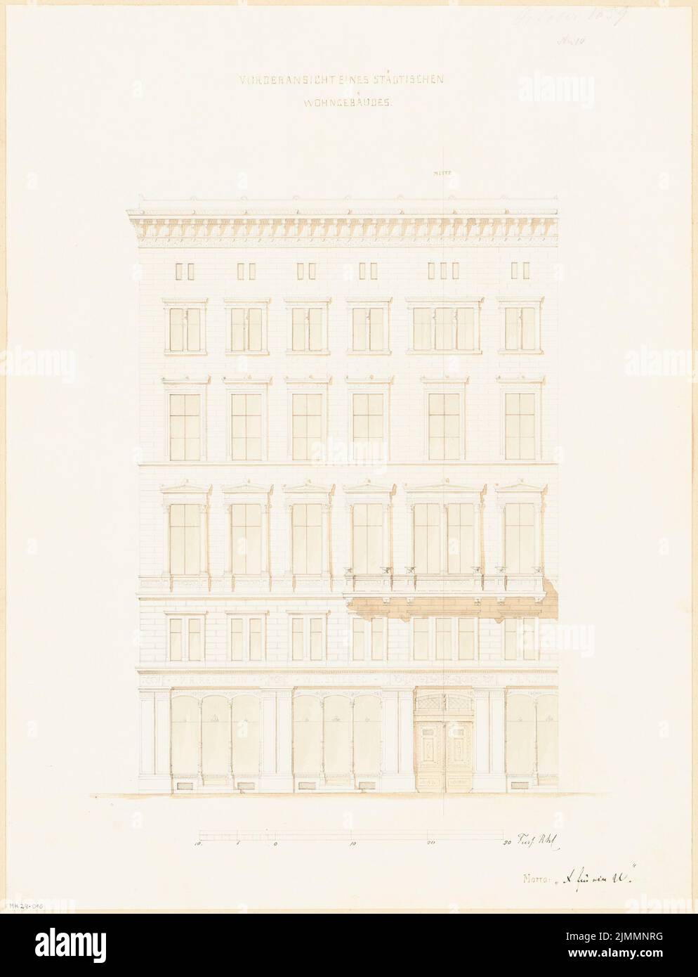 Architecte inconnu, immeuble résidentiel de la ville avec boutiques. Compétition mensuelle du 1859 octobre (10,1859) : vue sur la rue Riß ; barre d'échelle. Crayon aquarelle sur papier, 41,6 x 31,9 cm (y compris les bords de numérisation) Banque D'Images