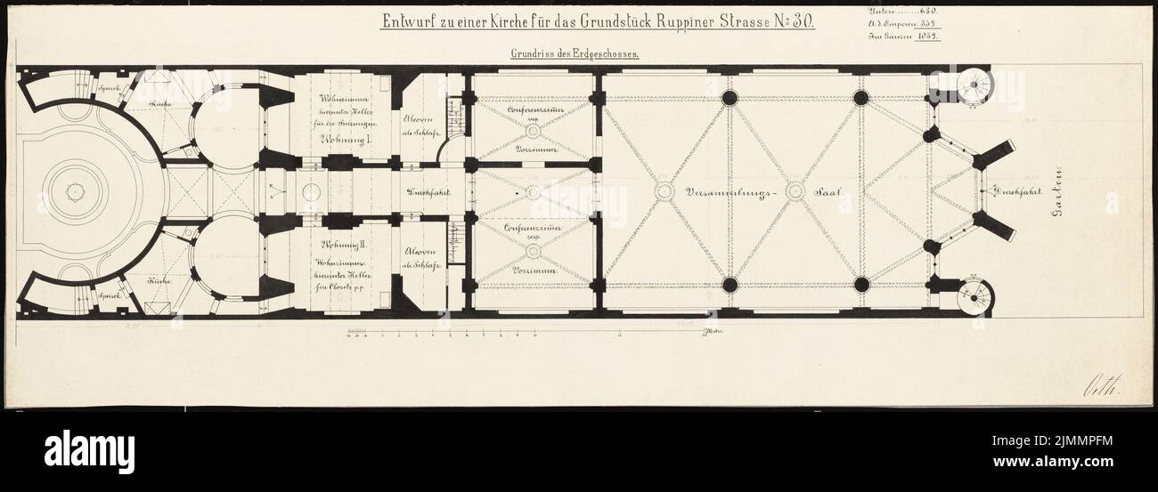 Orth August (1828-1901), Friedenskirche, Berlin (1887-1887): Grundriss EG. Encre, crayon sur carton, 24,3 x 68,2 cm (y compris les bords de numérisation) Banque D'Images